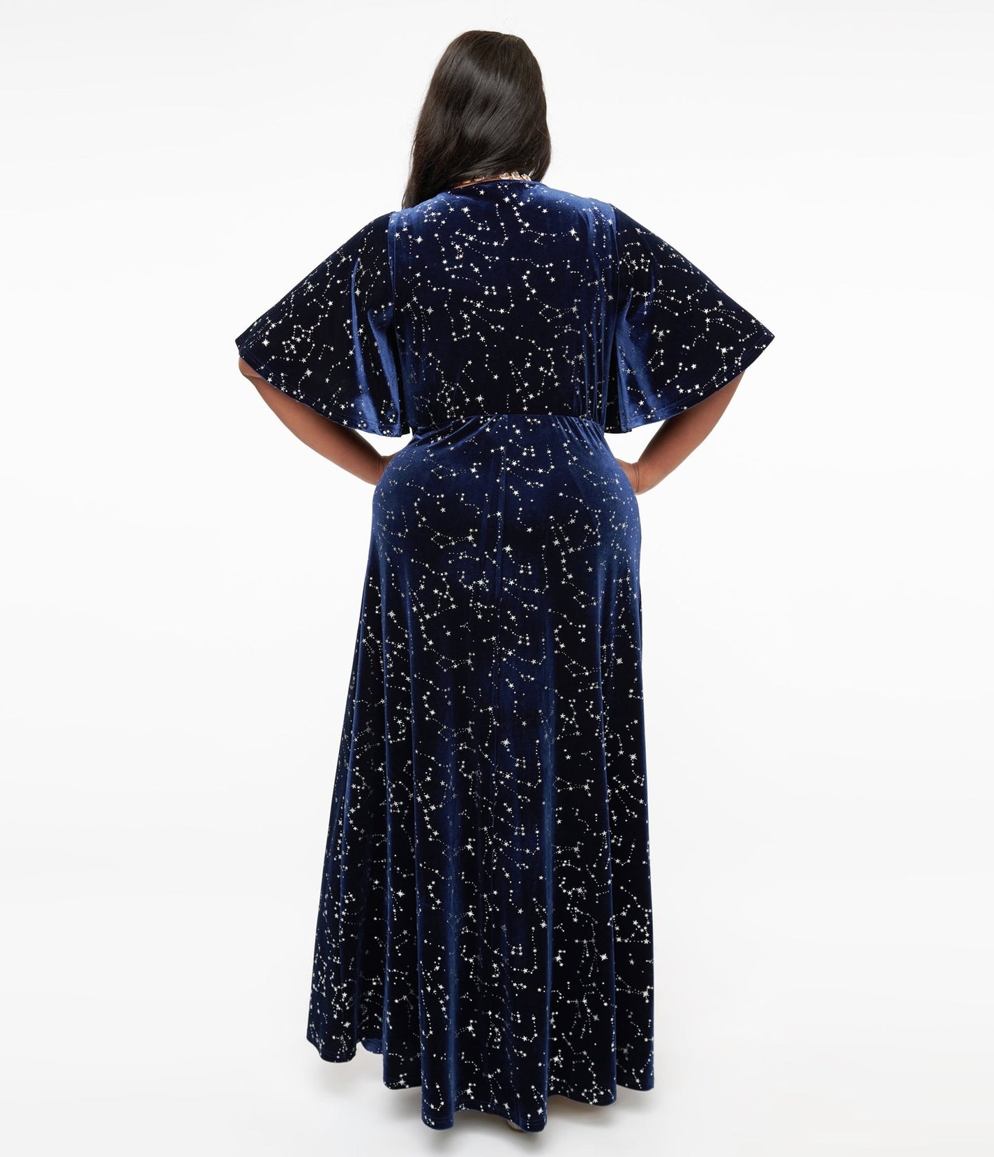 Smak Parlour Plus Size 1970s Blue Velvet Silver Stars Cutout Maxi Dress - Unique Vintage - Womens, DRESSES, MAXI