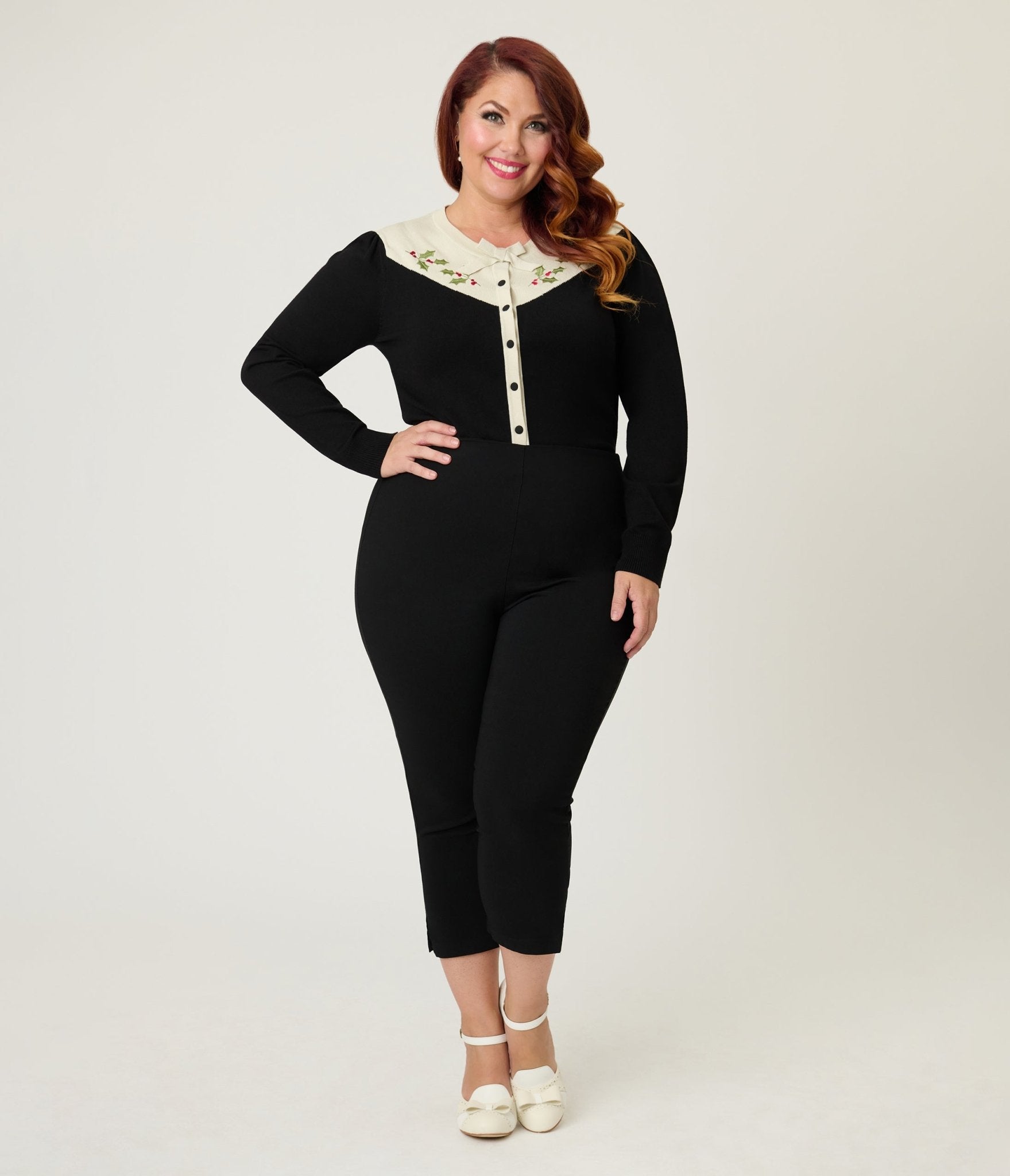 Smak Parlour Plus Size Black & Ivory Holly Embroidered Cardigan - Unique Vintage - Womens, TOPS, SWEATERS