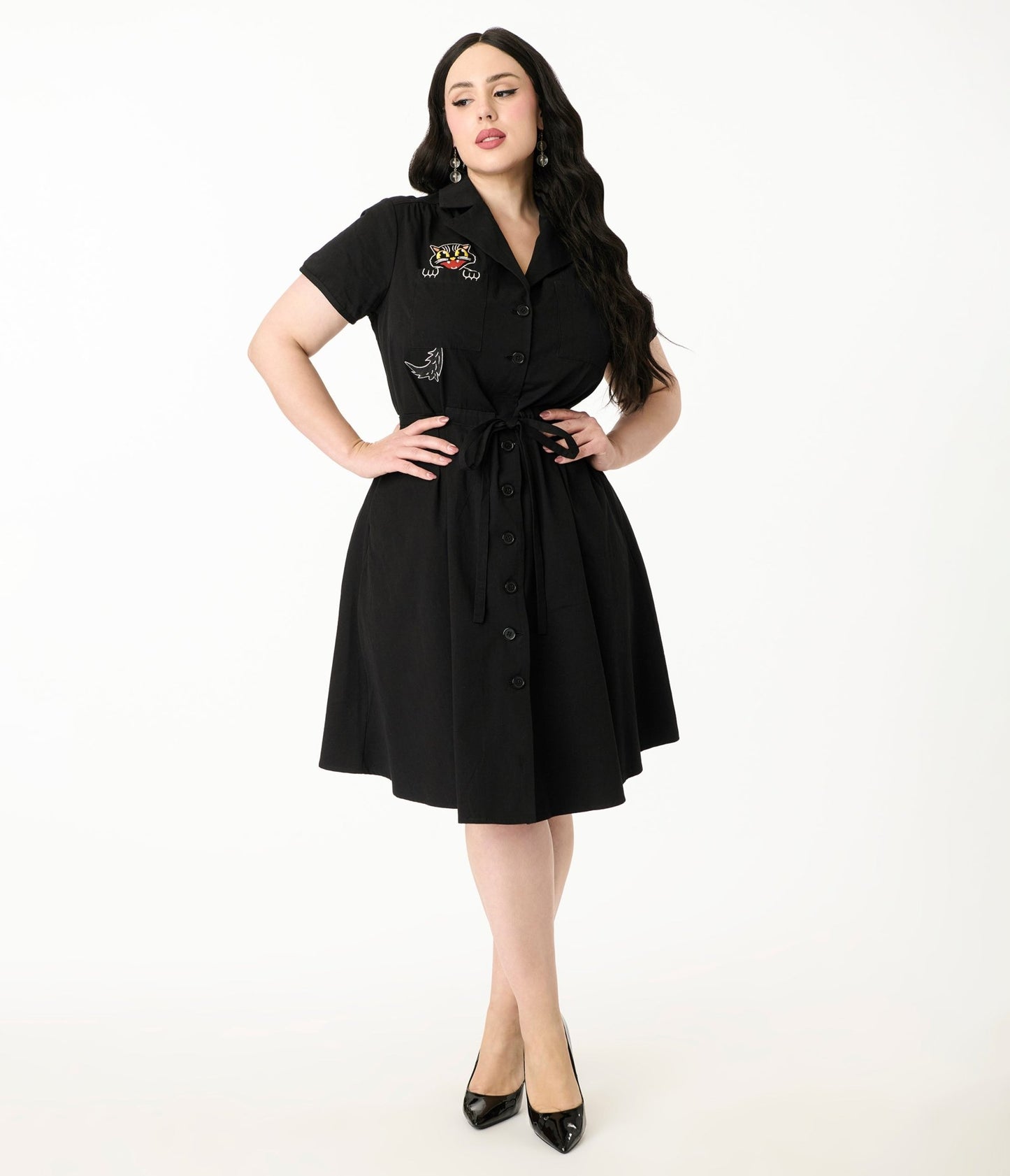 Smak Parlour Plus Size Black Scaredy Cat Cotton Fit & Flare Dress - Unique Vintage - Womens, DRESSES, FIT AND FLARE