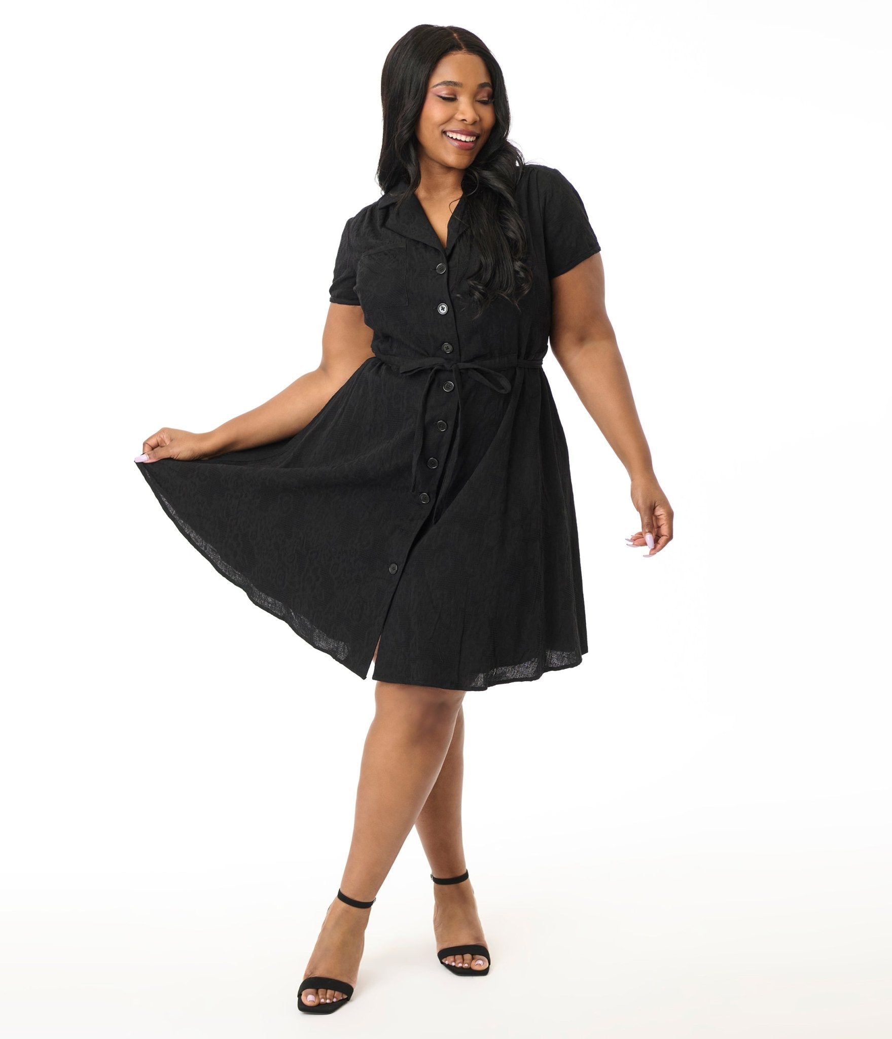 Smak Parlour Plus Size Black Textured Cotton Fit & Flare Dress - Unique Vintage - Womens, DRESSES, FIT AND FLARE