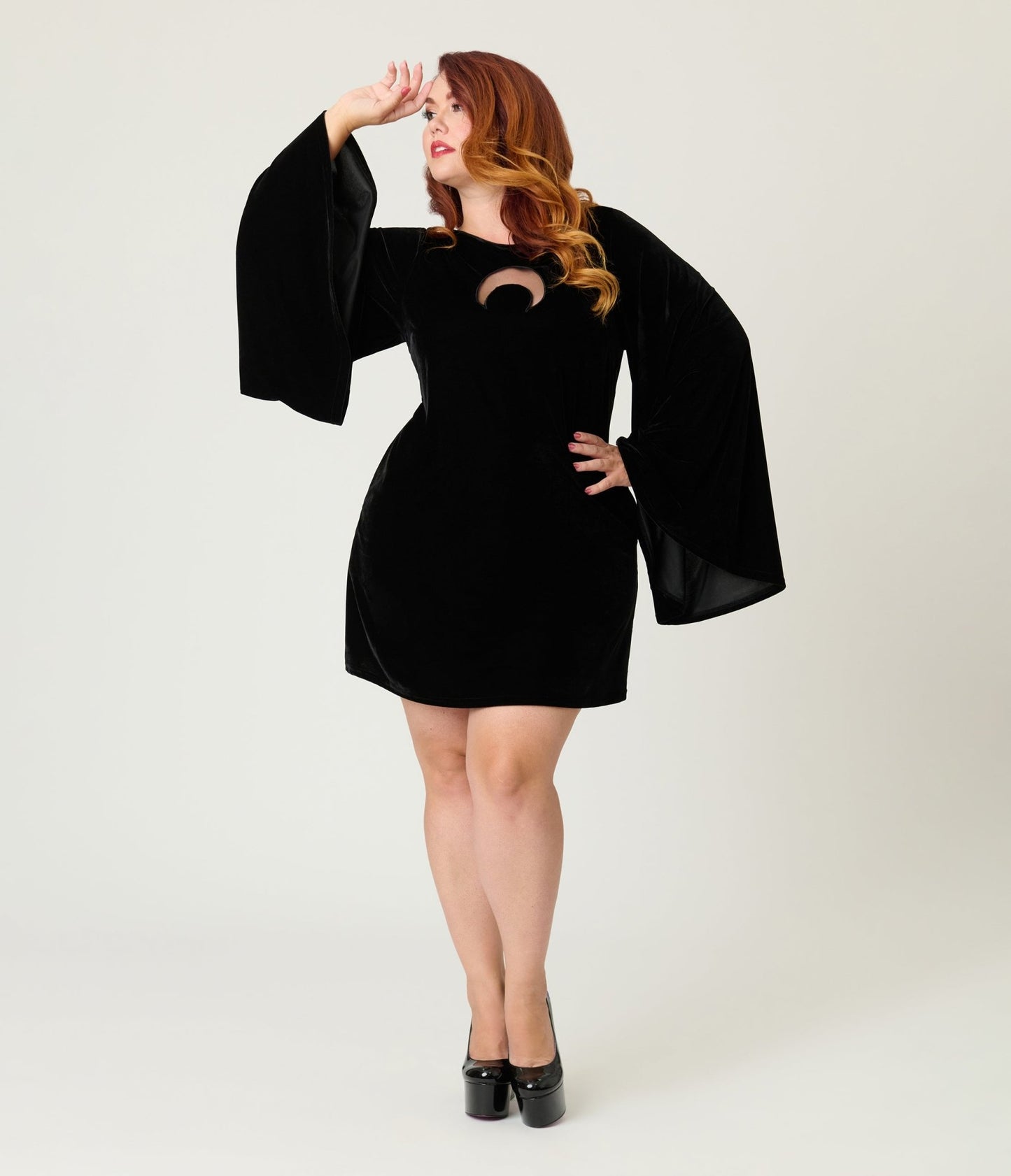 Smak Parlour Plus Size Black Velvet Moon Cutout Downtown Scene Mini Dress - Unique Vintage - Womens, DRESSES, FIT AND FLARE