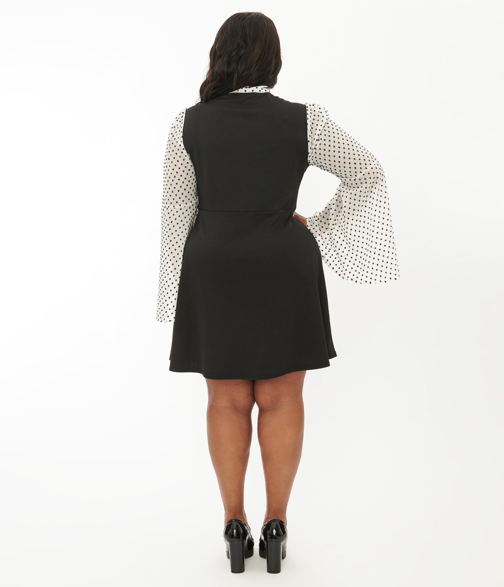 Smak Parlour Plus Size Black & White Polka Dot Bell Sleeve Flare Dress - Unique Vintage - Womens, DRESSES, FIT AND FLARE