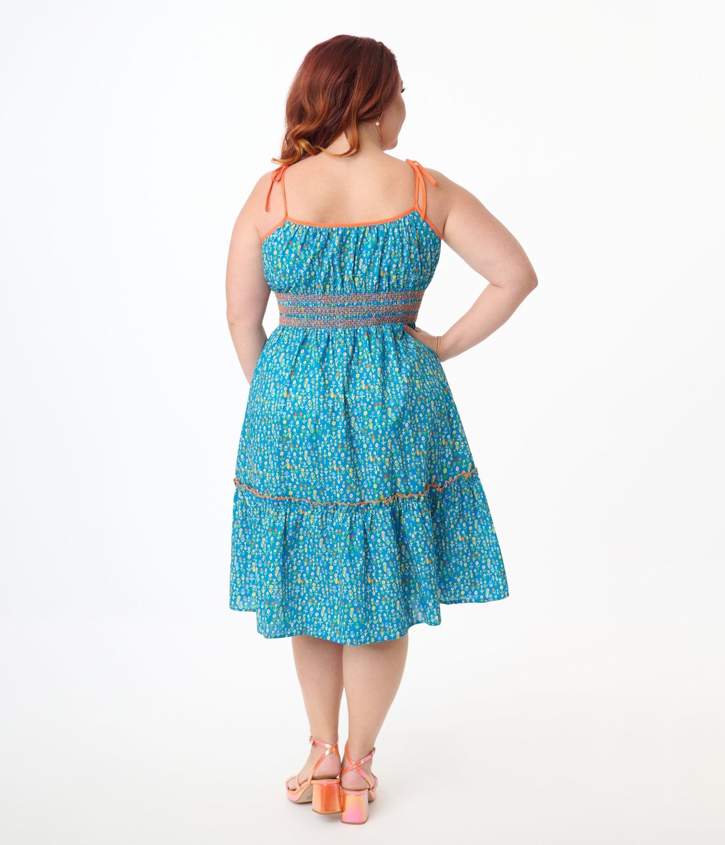Smak Parlour Plus Size Blue Ditsy Floral Tiered Cotton Flare Dress - Unique Vintage - Womens, DRESSES, FIT AND FLARE