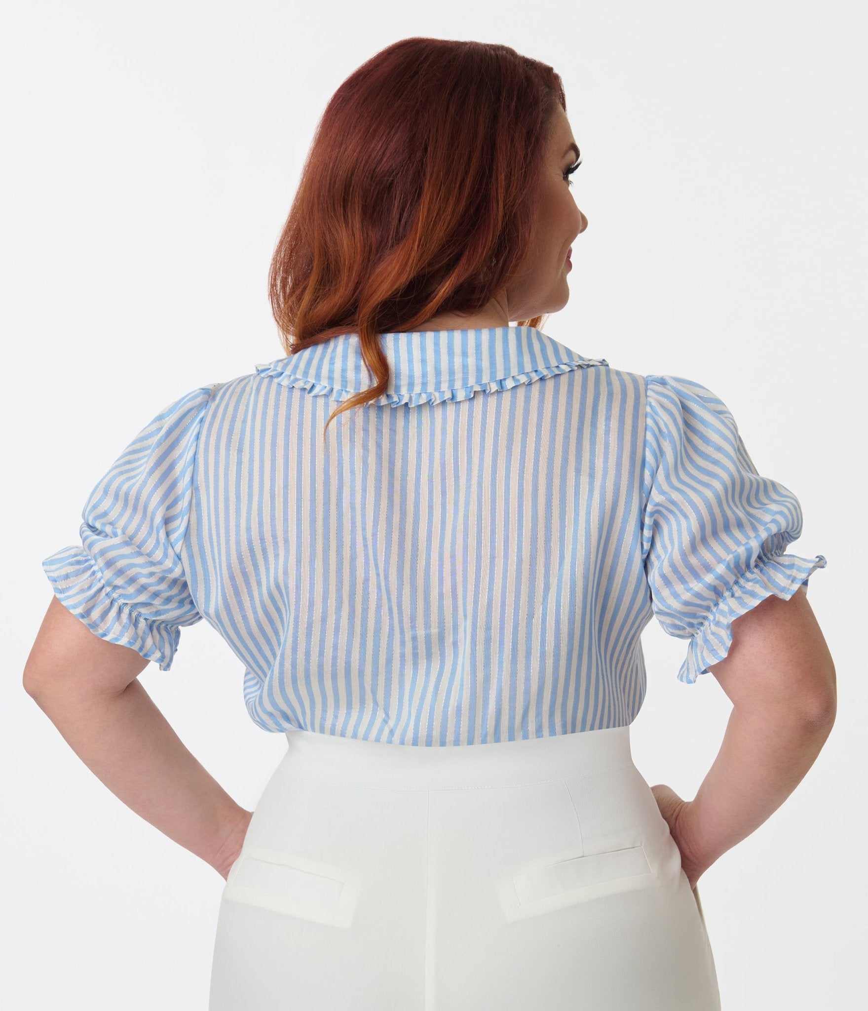 Smak Parlour Plus Size Blue & White Striped Puff Sleeve Blouse - Unique Vintage - Womens, TOPS, WOVEN TOPS