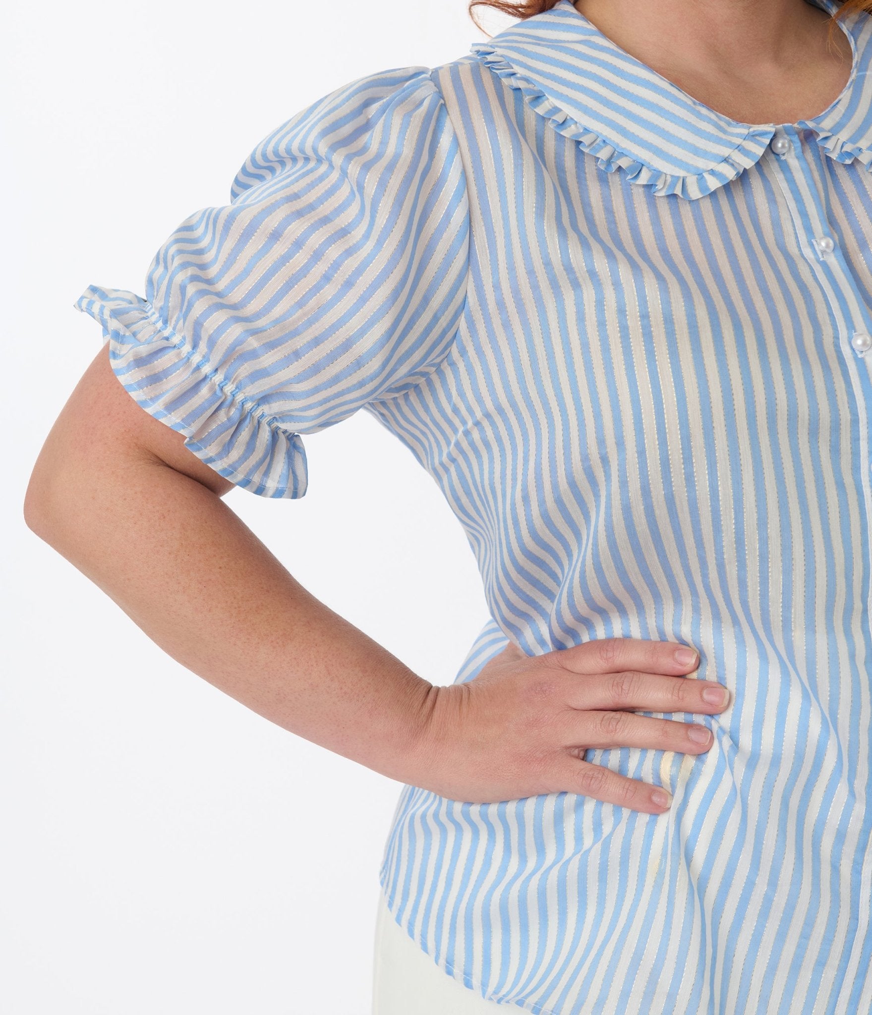 Smak Parlour Plus Size Blue & White Striped Puff Sleeve Blouse - Unique Vintage - Womens, TOPS, WOVEN TOPS