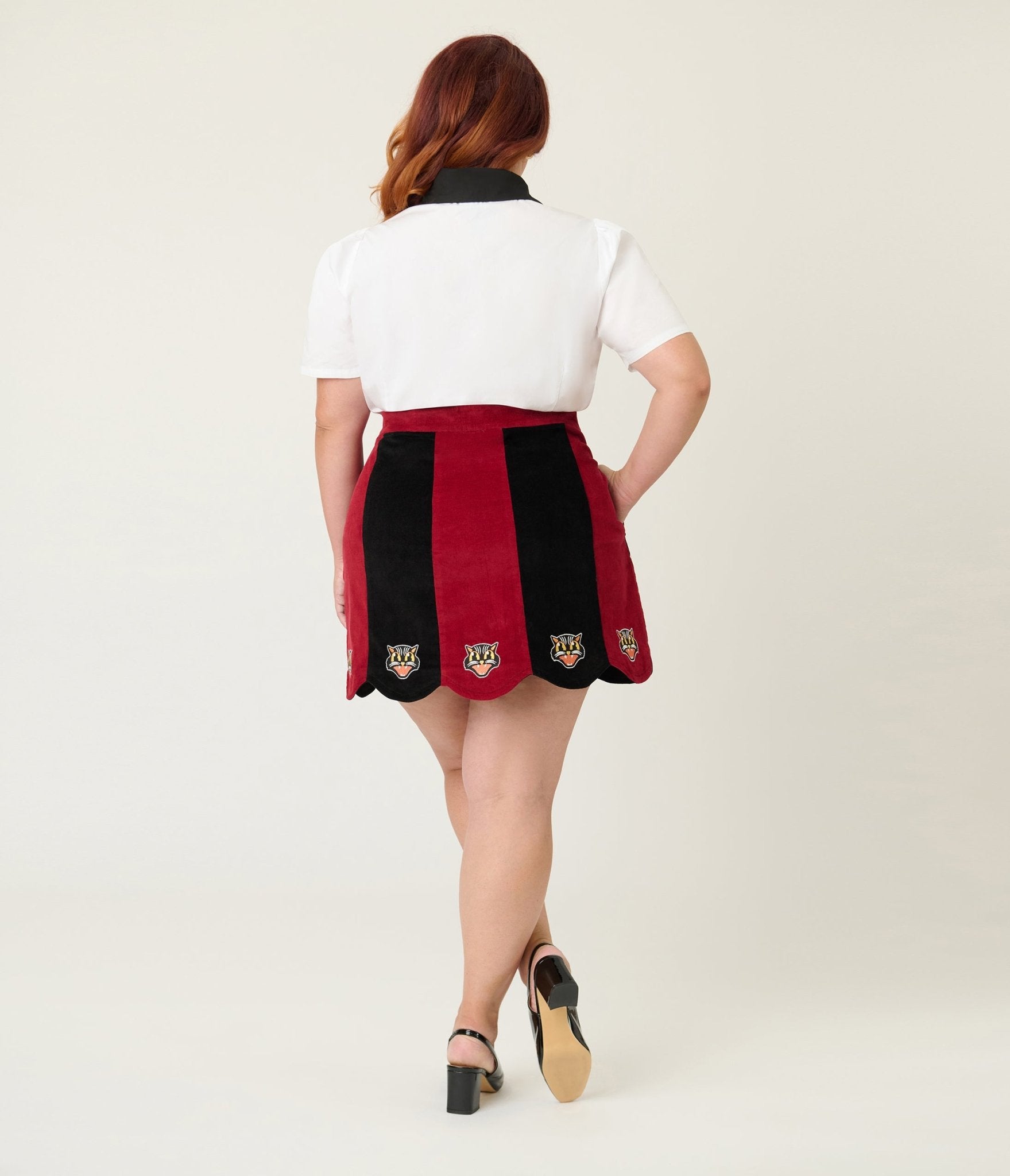 Smak Parlour Plus Size Burgundy & Black Stripe Spooky Cat Corduroy Mini Skirt - Unique Vintage - Womens, BOTTOMS, SKIRTS