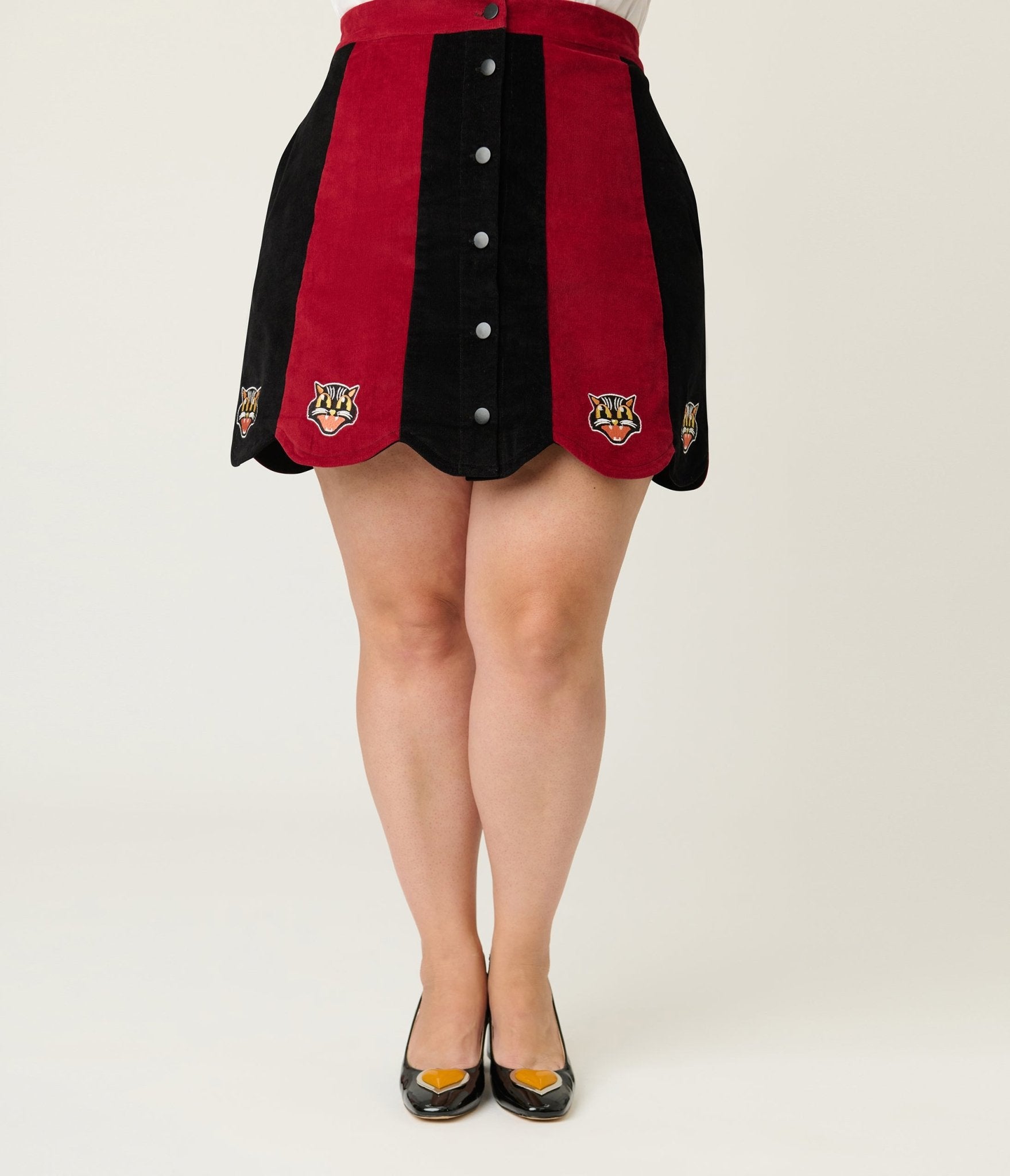 Smak Parlour Plus Size Burgundy & Black Stripe Spooky Cat Corduroy Mini Skirt - Unique Vintage - Womens, BOTTOMS, SKIRTS