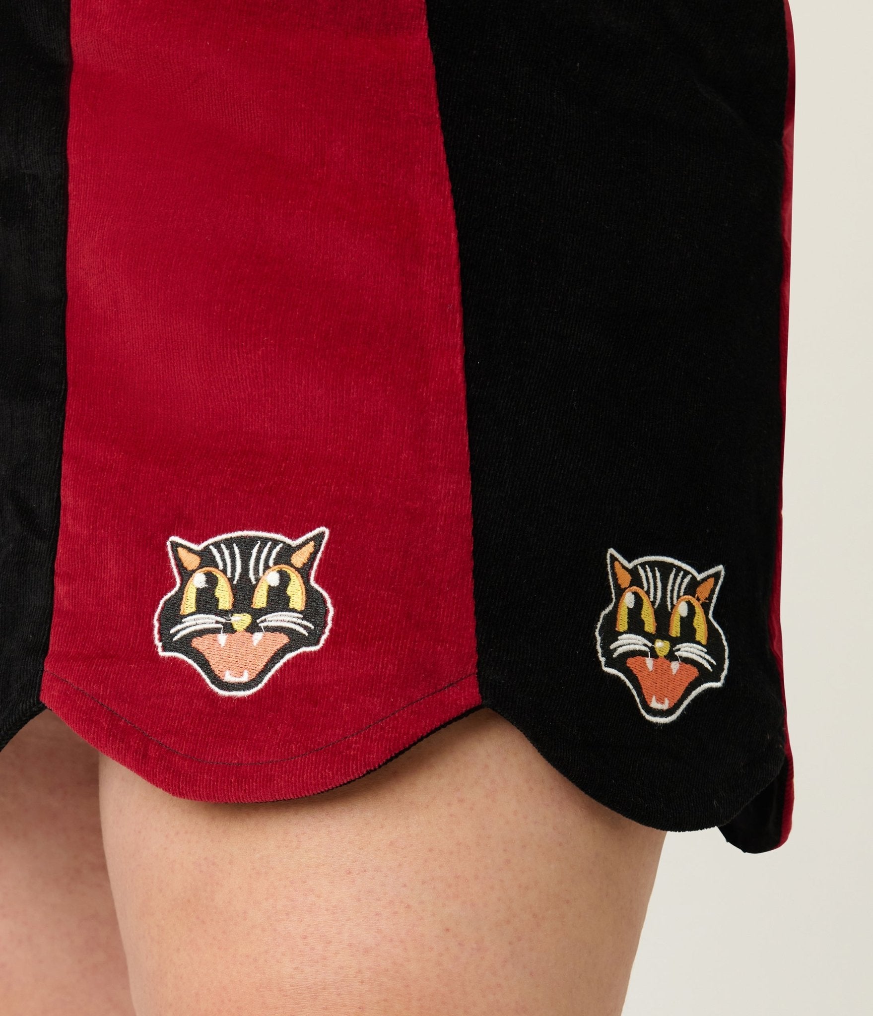 Smak Parlour Plus Size Burgundy & Black Stripe Spooky Cat Corduroy Mini Skirt - Unique Vintage - Womens, BOTTOMS, SKIRTS