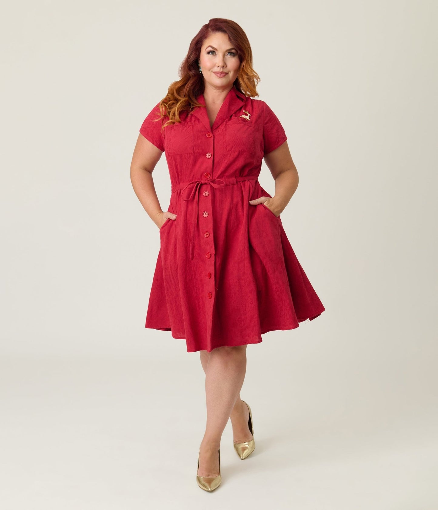 Smak Parlour Plus Size Burgundy Reindeer Cotton Fit & Flare Dress - Unique Vintage - Womens, DRESSES, FIT AND FLARE