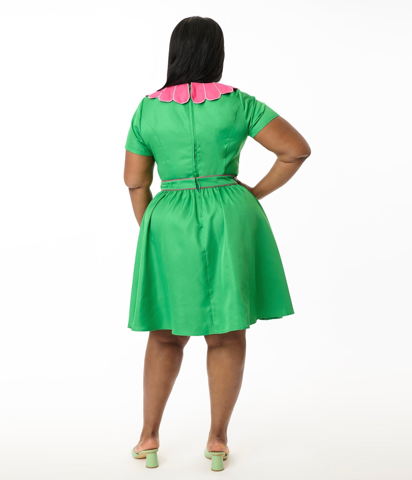 Smak Parlour Plus Size Green & Hot Pink Petal Collar Flare Dress - Unique Vintage - Womens, DRESSES, FIT AND FLARE