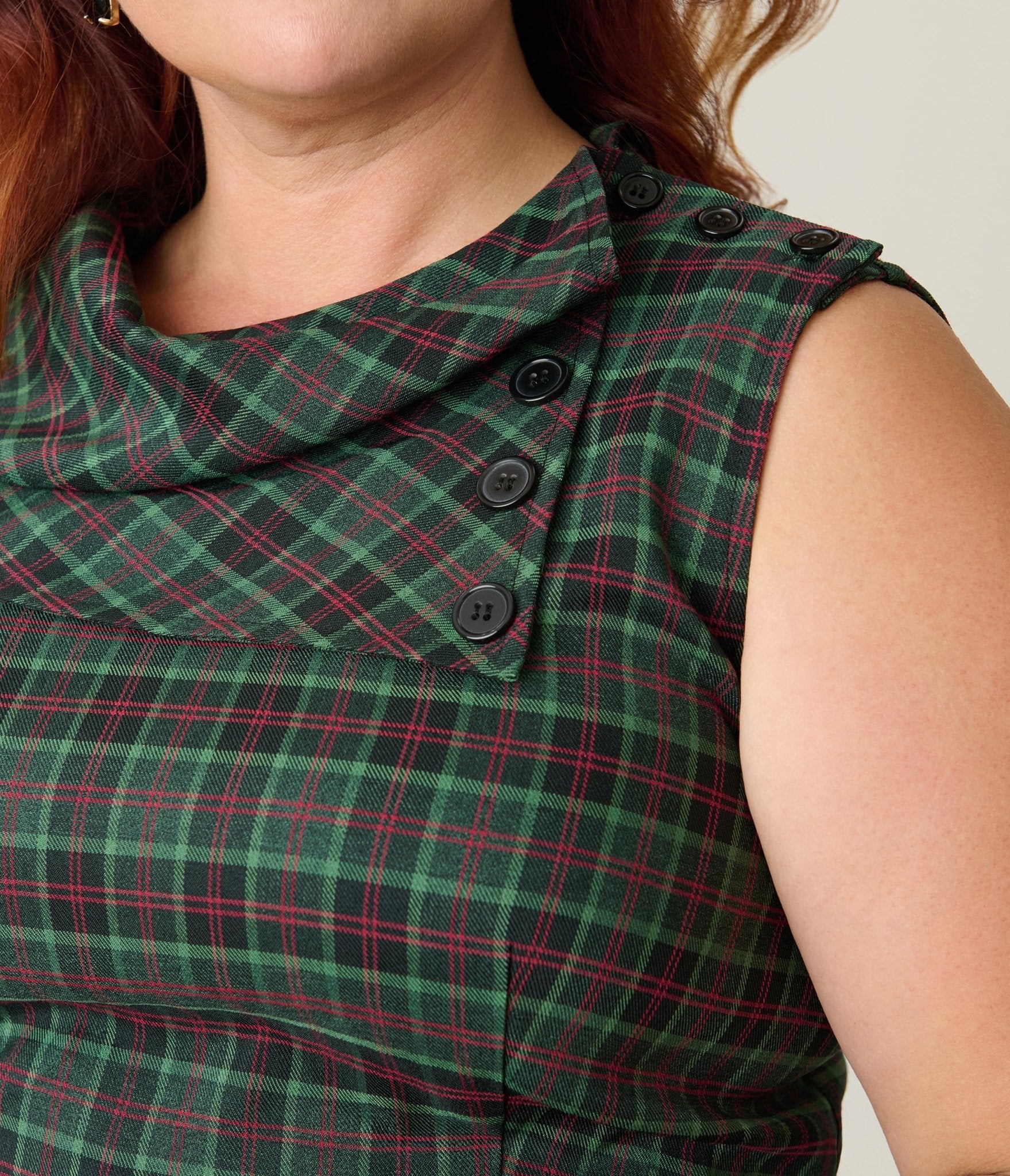 Smak Parlour Plus Size Green & Red Plaid Funnel Neck Fit & Flare Dress - Unique Vintage - Womens, DRESSES, FIT AND FLARE