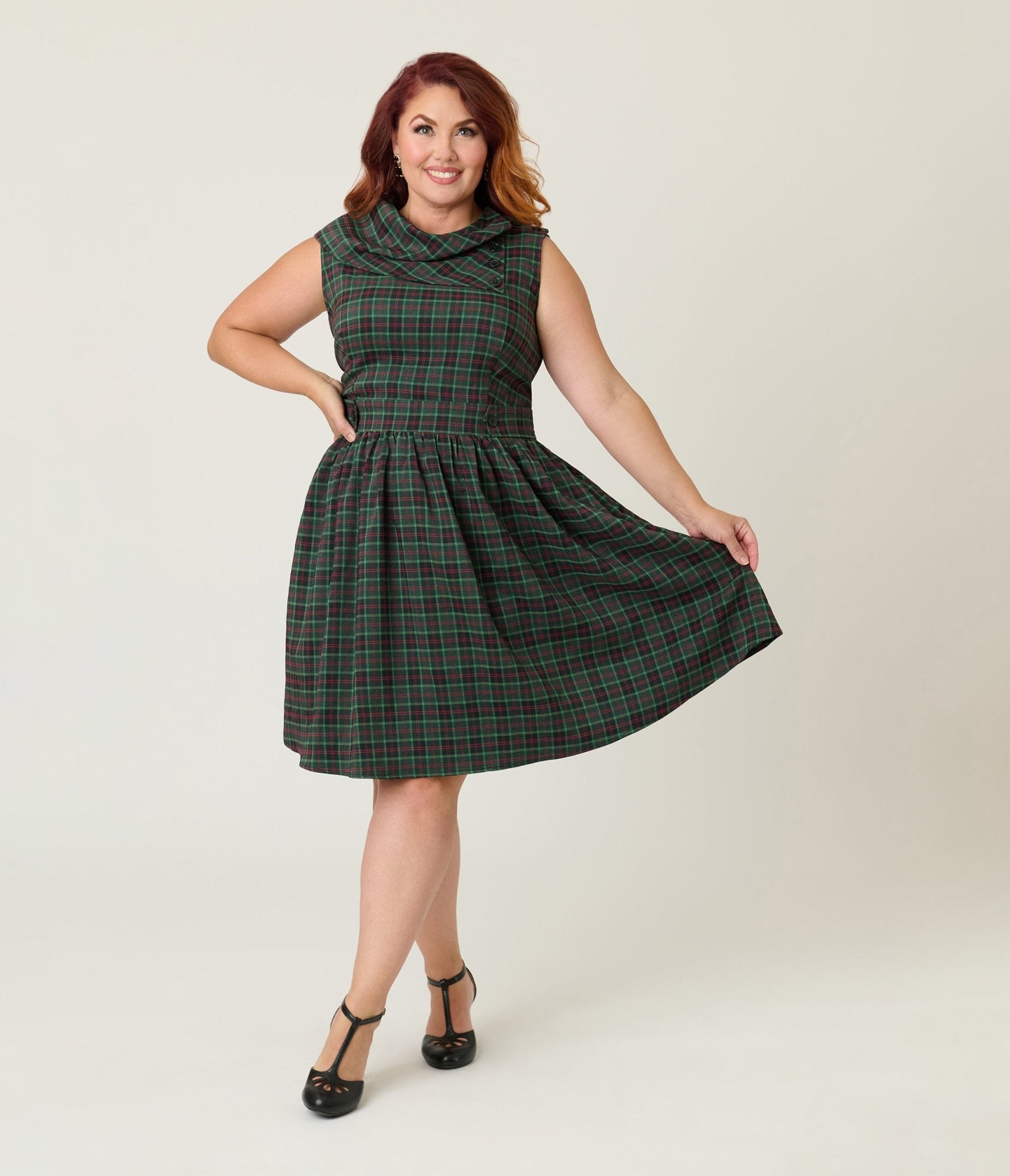 Smak Parlour Plus Size Green & Red Plaid Funnel Neck Fit & Flare Dress - Unique Vintage - Womens, DRESSES, FIT AND FLARE