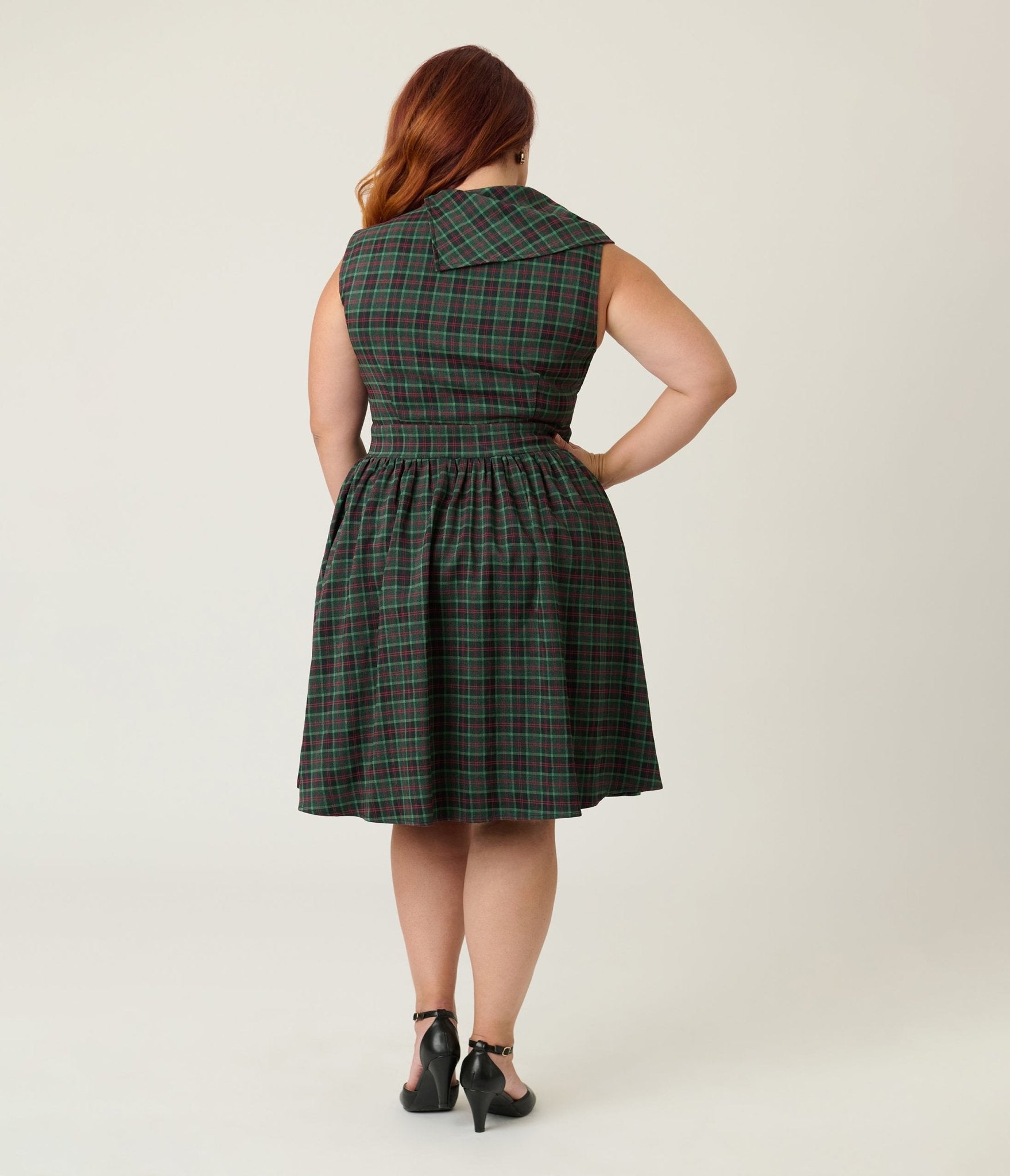 Smak Parlour Plus Size Green & Red Plaid Funnel Neck Fit & Flare Dress - Unique Vintage - Womens, DRESSES, FIT AND FLARE