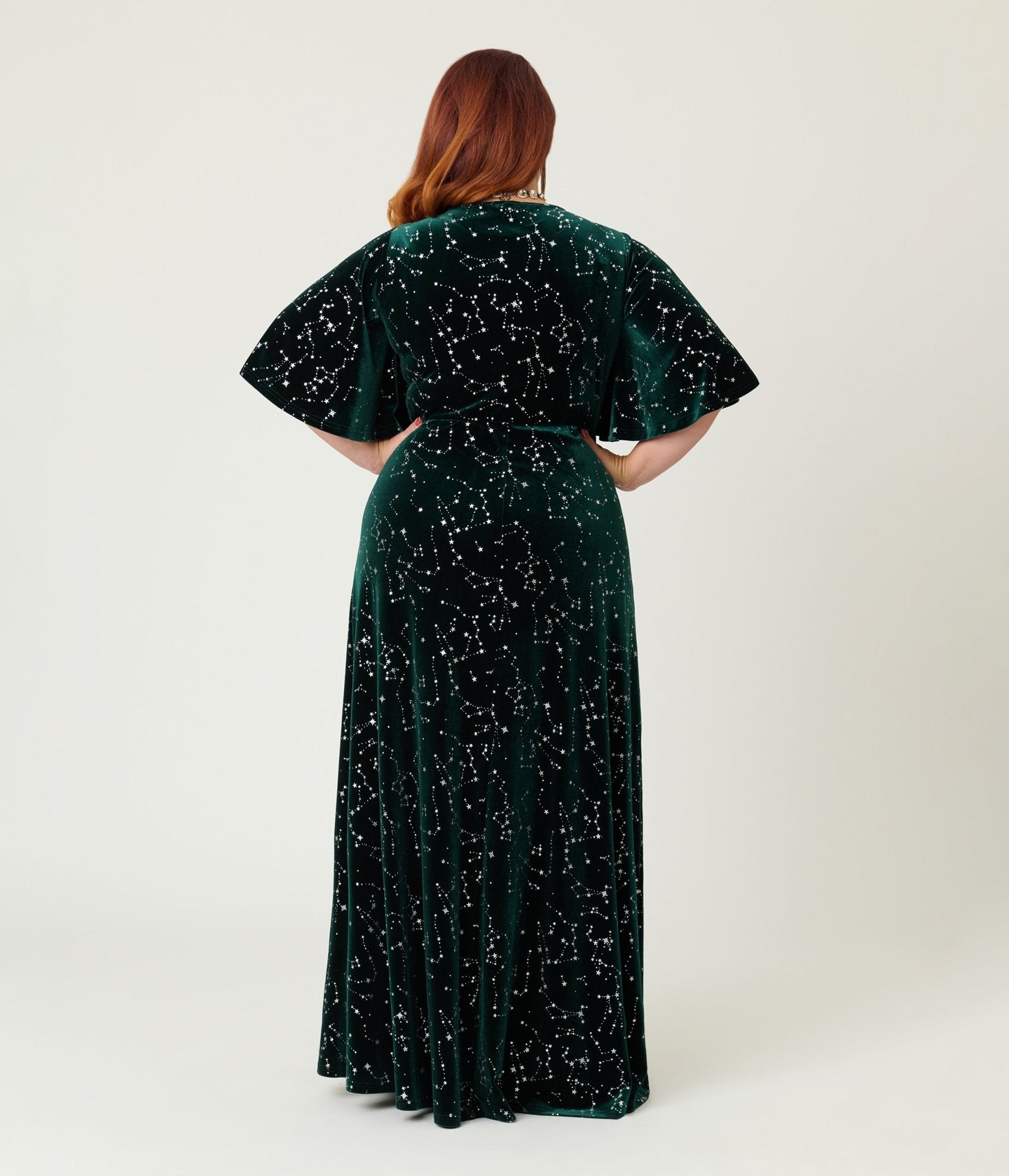 Smak Parlour Plus Size Green Velvet Silver Stars Cutout Maxi Dress - Unique Vintage - Womens, DRESSES, MAXI