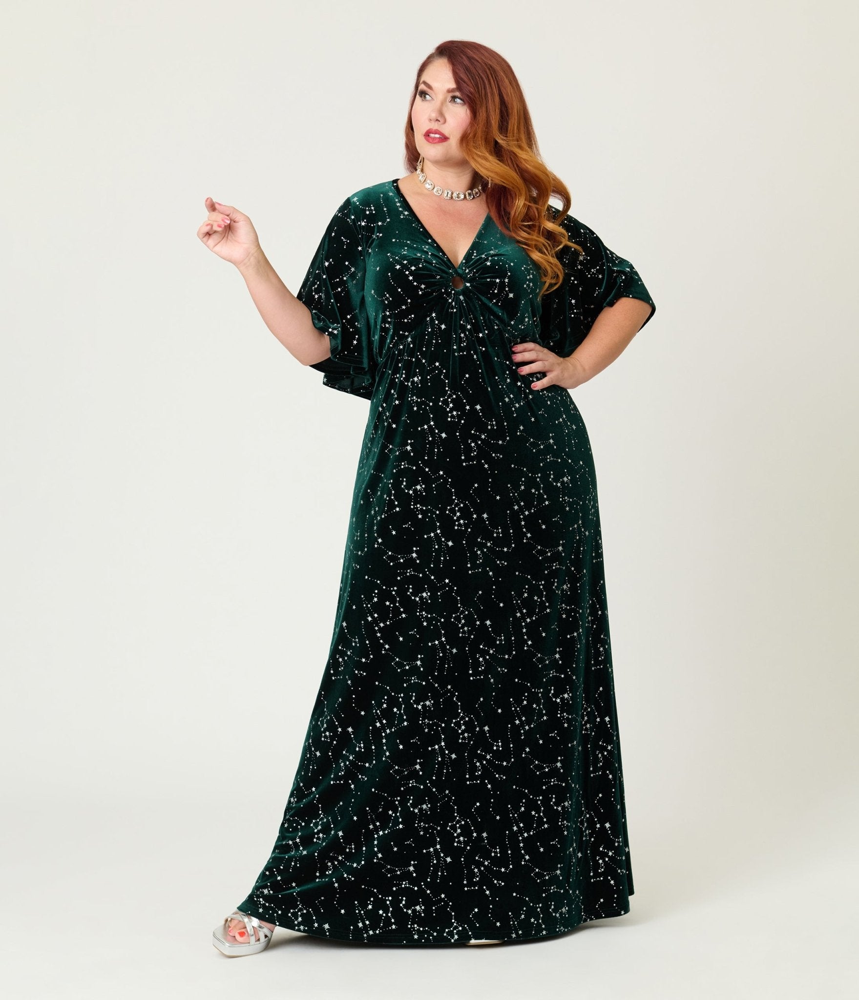 Smak Parlour Plus Size Green Velvet Silver Stars Cutout Maxi Dress - Unique Vintage - Womens, DRESSES, MAXI