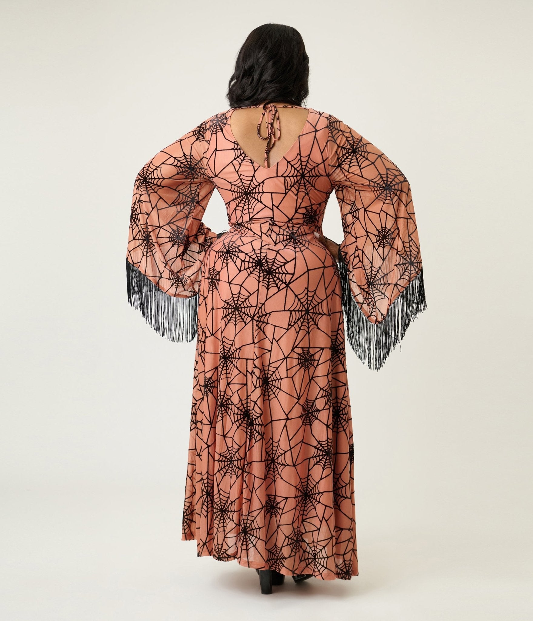 Smak Parlour Plus Size Nude & Black Spiderweb Fringe Sleeve Stevie Maxi Dress - Unique Vintage - Womens, DRESSES, MAXI