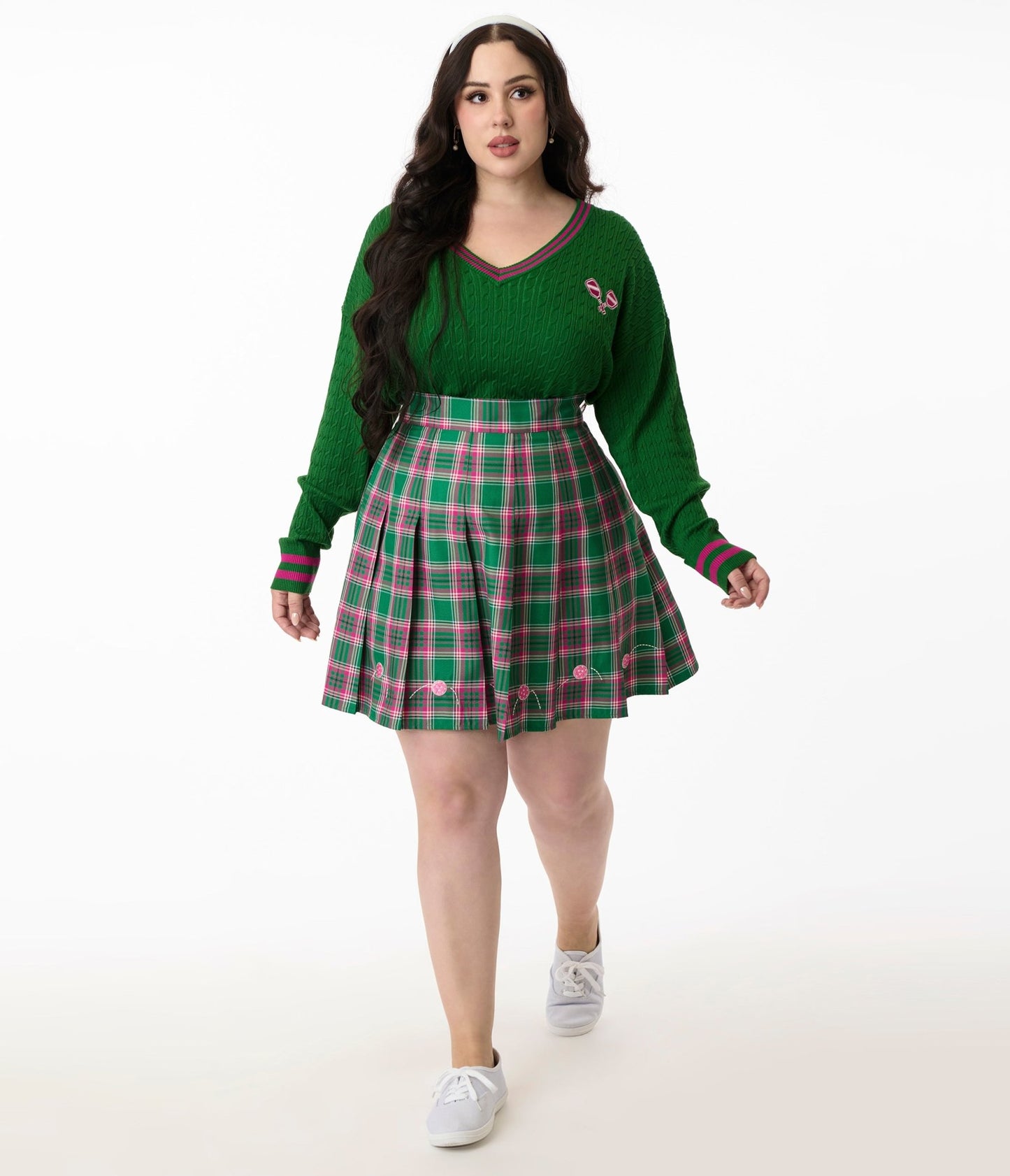 Smak Parlour Plus Size Pink & Green Plaid Pickleball Pleated Mini Skirt - Unique Vintage - Womens, BOTTOMS, SKIRTS