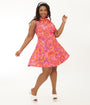 Smak Parlour Plus Size Pink Mod Floral Mock Turtleneck Fit & Flare Dress