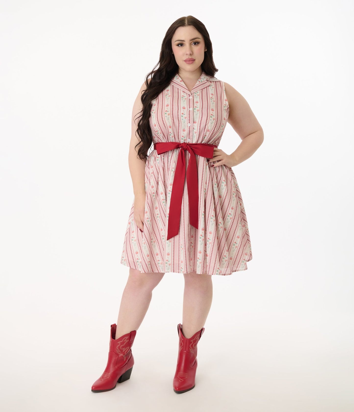 Smak Parlour Plus Size Pink Rose Wallpaper Print Cotton Flare Dress - Unique Vintage - Womens, DRESSES, FIT AND FLARE