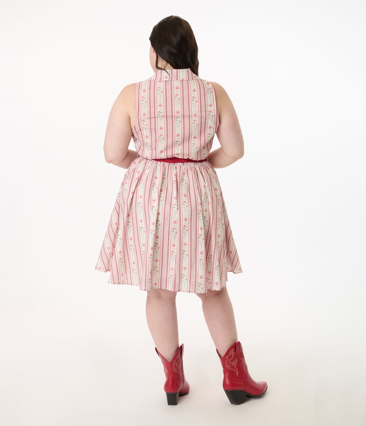 Smak Parlour Plus Size Pink Rose Wallpaper Print Cotton Flare Dress - Unique Vintage - Womens, DRESSES, FIT AND FLARE