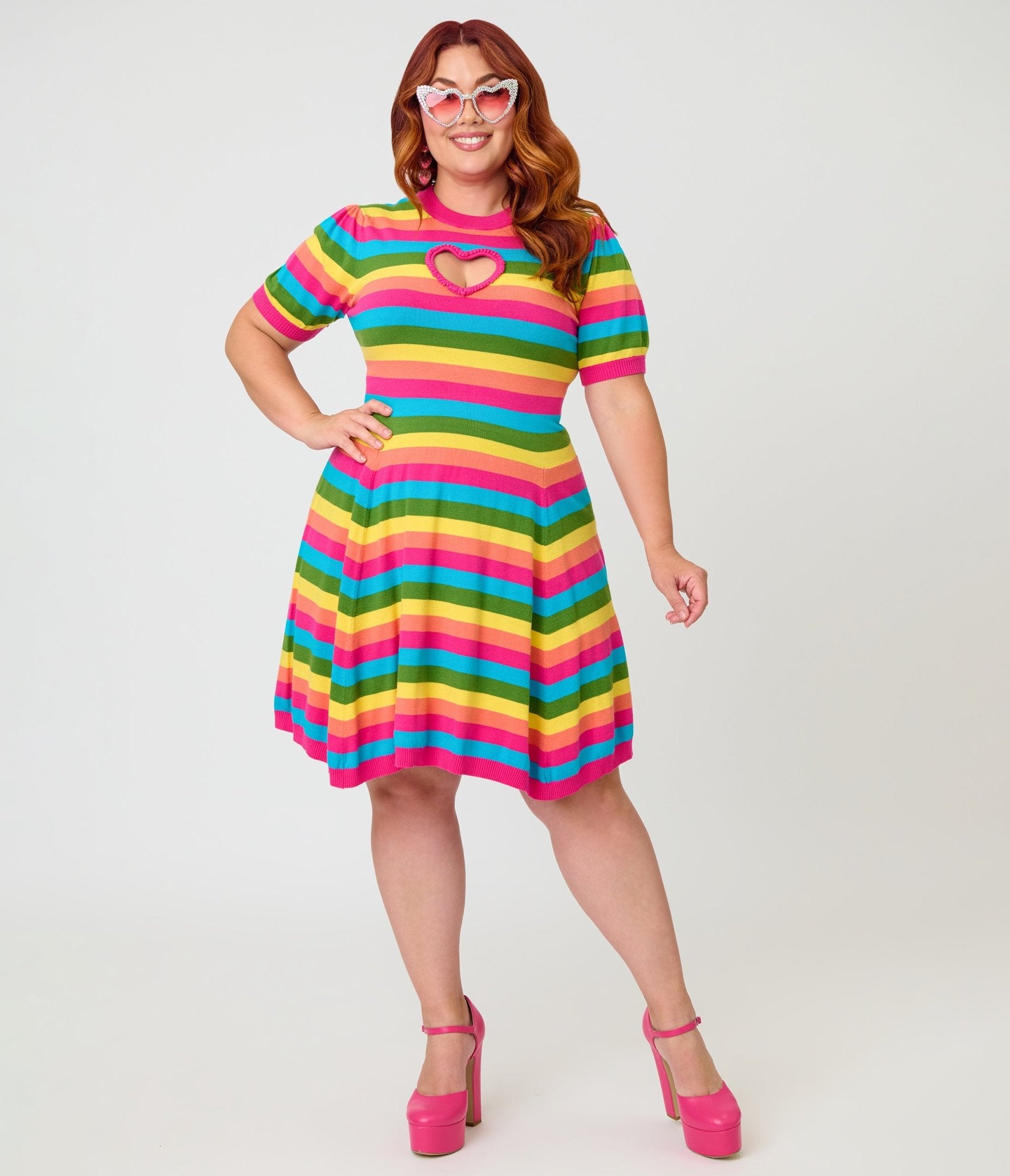 Smak Parlour Plus Size Rainbow Stripe Heart Cutout Flare Dress  Unique  Vintage