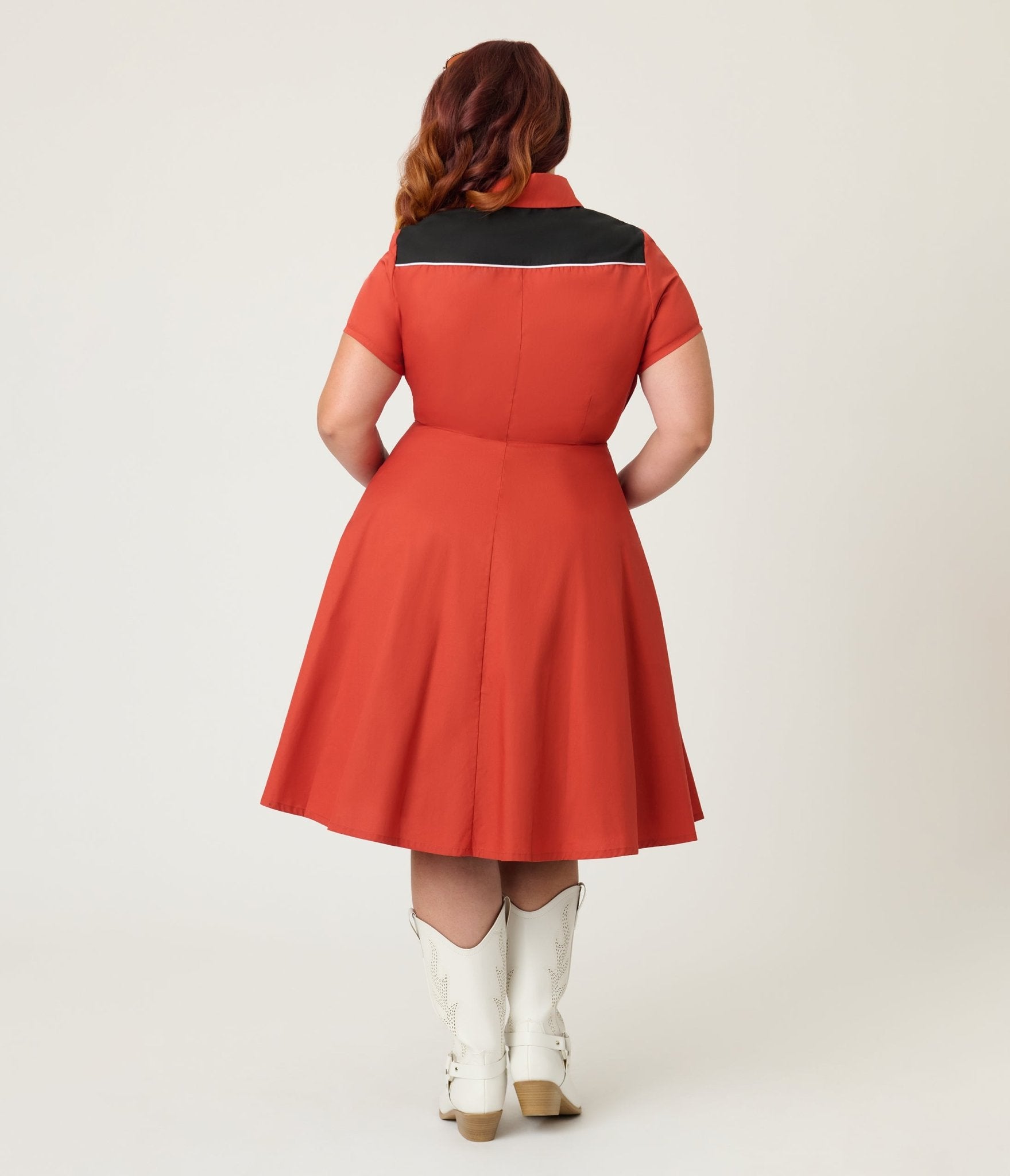 Smak Parlour Plus Size Red Embroidered Cowboy Cat Western Flare Dress - Unique Vintage - Womens, DRESSES, FIT AND FLARE