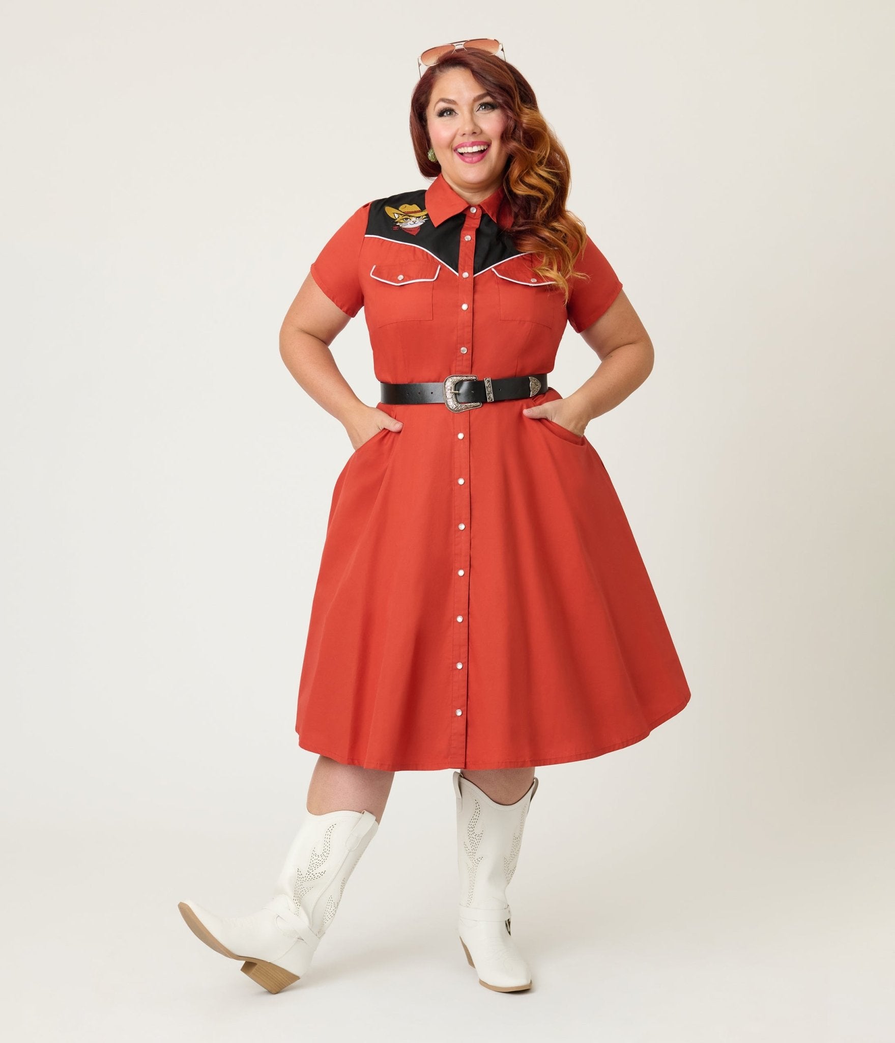 Smak Parlour Plus Size Red Embroidered Cowboy Cat Western Flare Dress - Unique Vintage - Womens, DRESSES, FIT AND FLARE