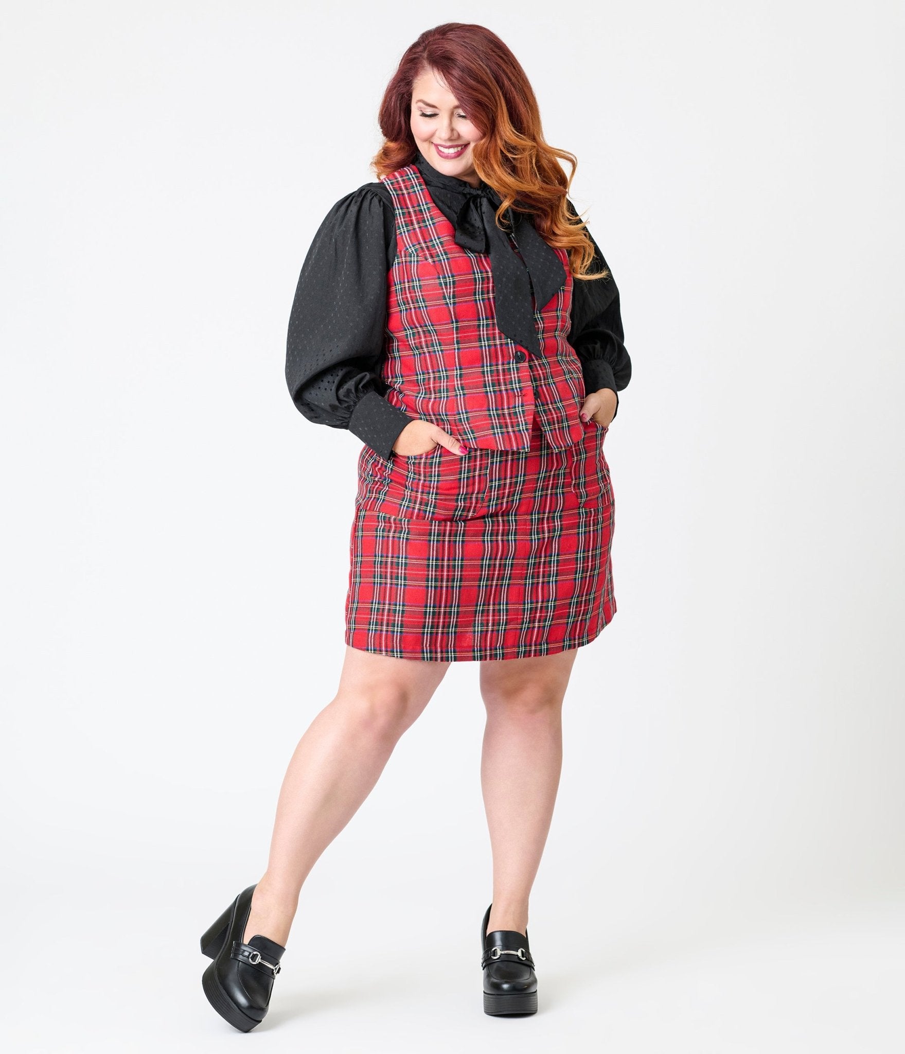 Smak Parlour Plus Size Red Plaid Scoop Neck Vest - Unique Vintage - Womens, TOPS, OUTERWEAR