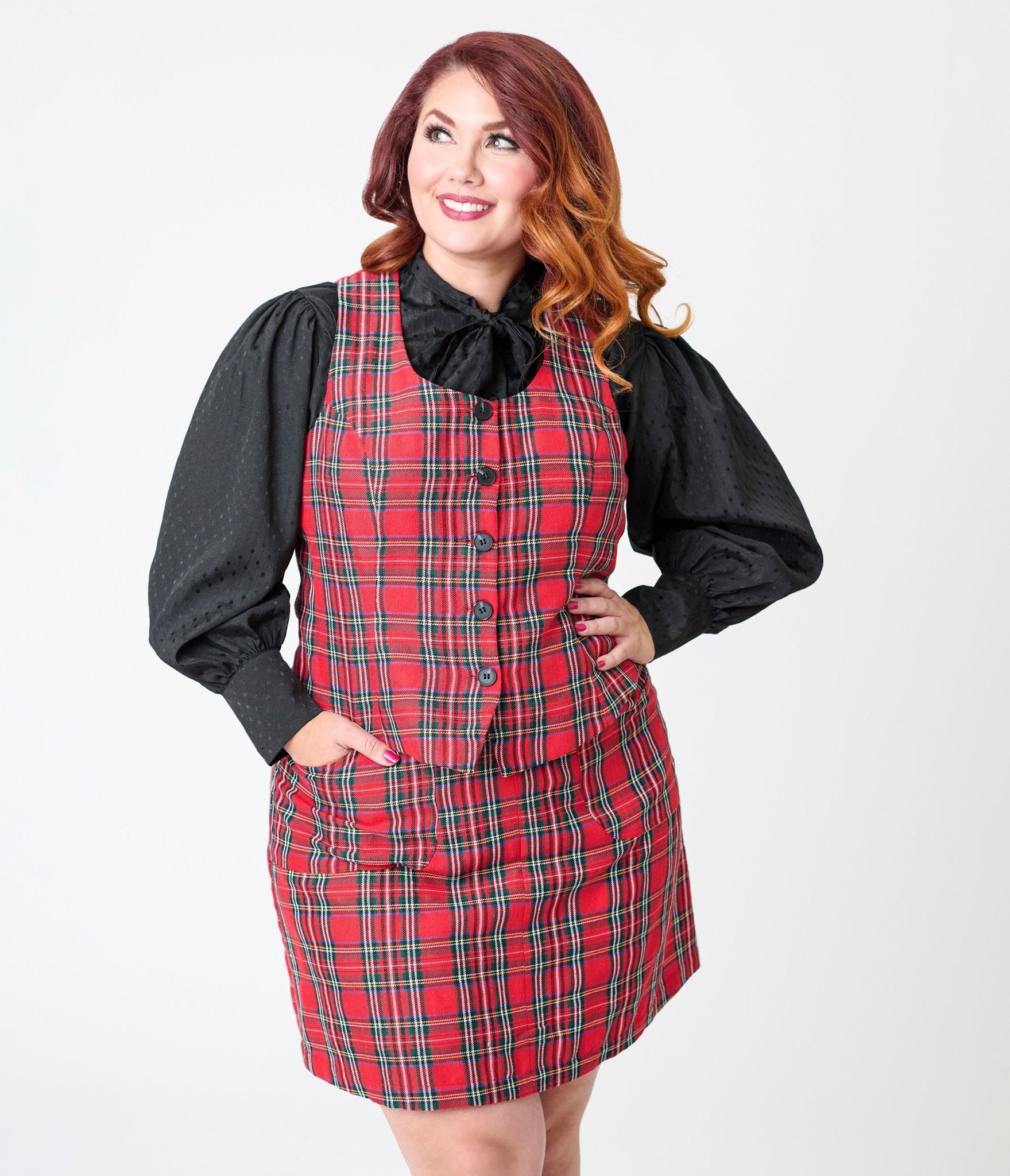 Smak Parlour Plus Size Red Plaid Scoop Neck Vest - Unique Vintage - Womens, TOPS, OUTERWEAR