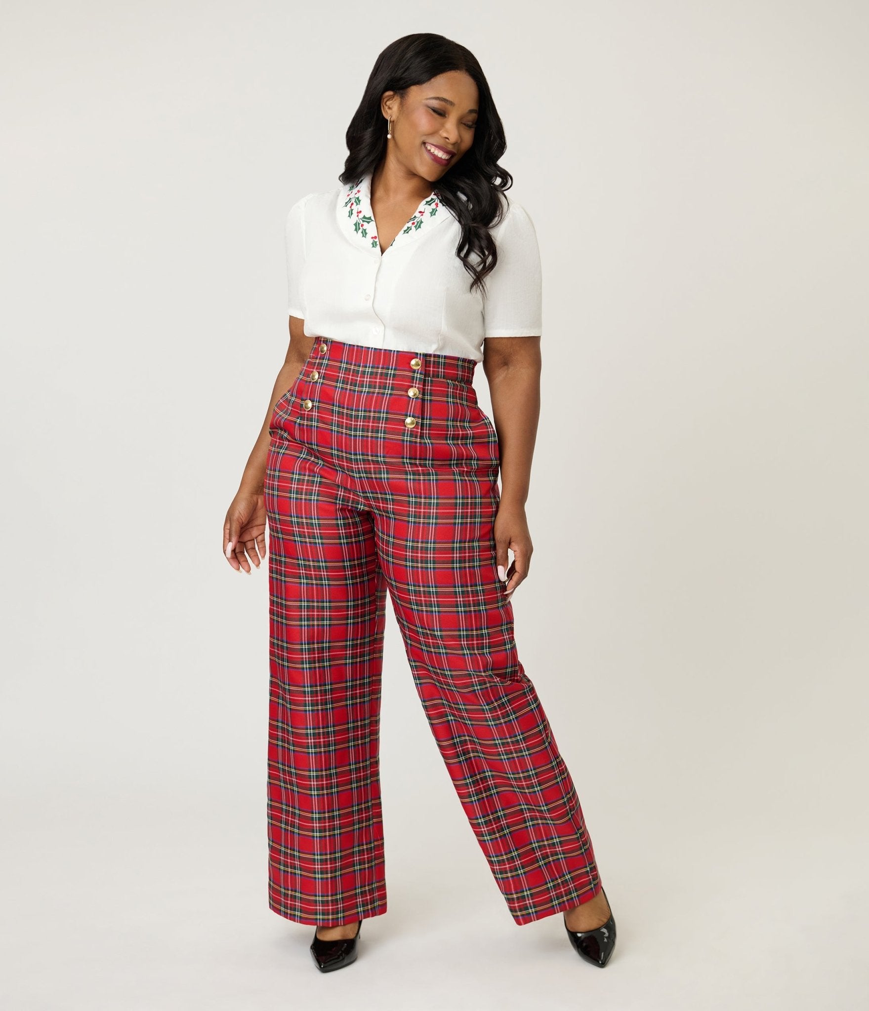 Smak Parlour Plus Size Red Plaid Wide Leg Sailor Pants - Unique Vintage - Womens, BOTTOMS, PANTS