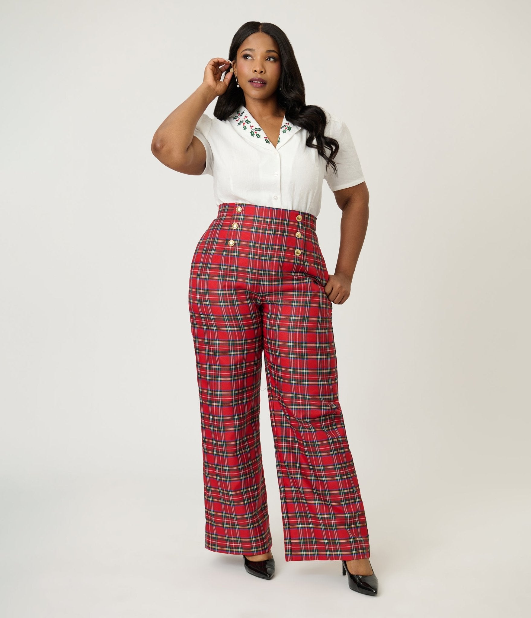 Smak Parlour Plus Size Red Plaid Wide Leg Sailor Pants - Unique Vintage - Womens, BOTTOMS, PANTS