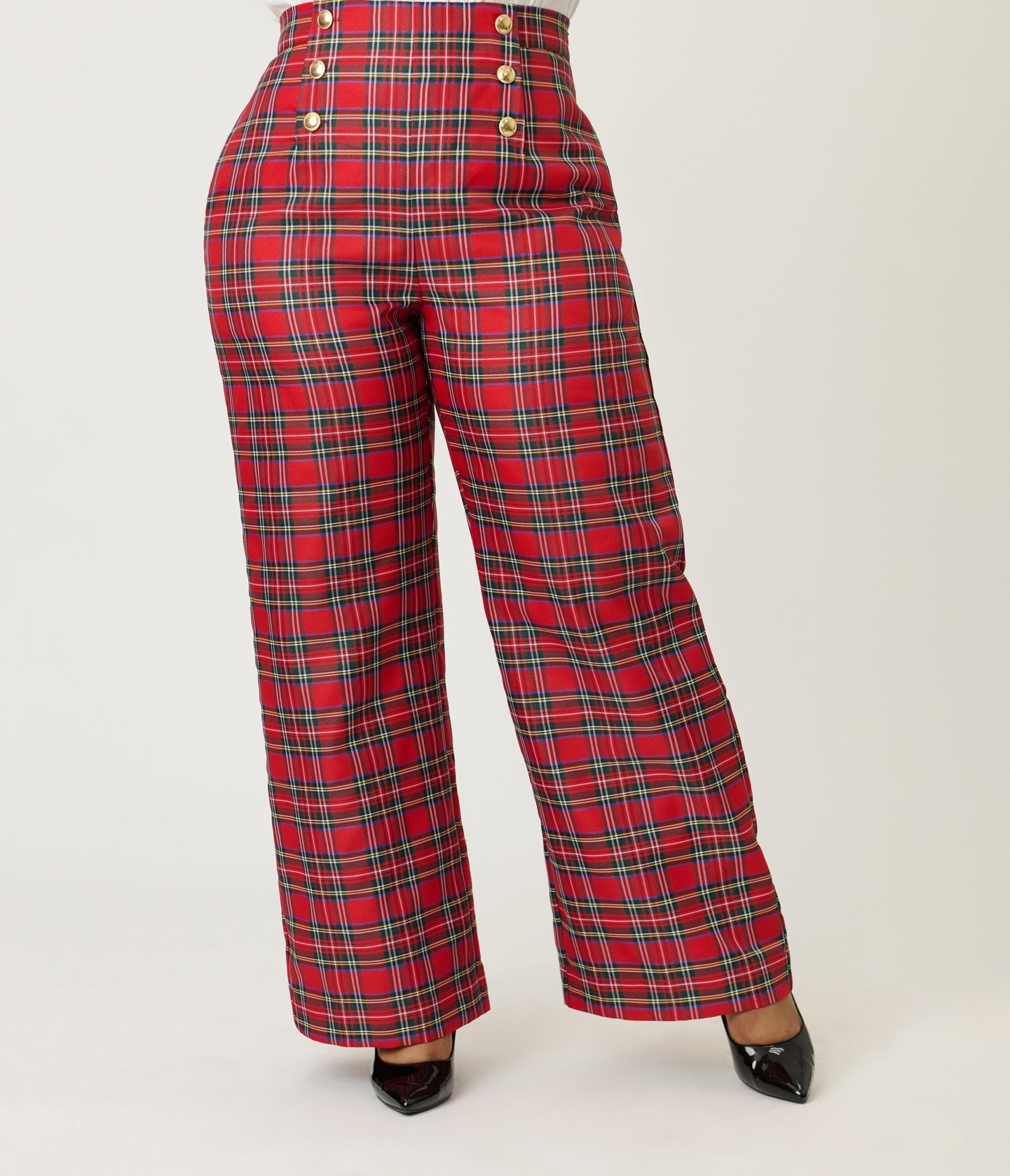 Smak Parlour Plus Size Red Plaid Wide Leg Sailor Pants - Unique Vintage - Womens, BOTTOMS, PANTS