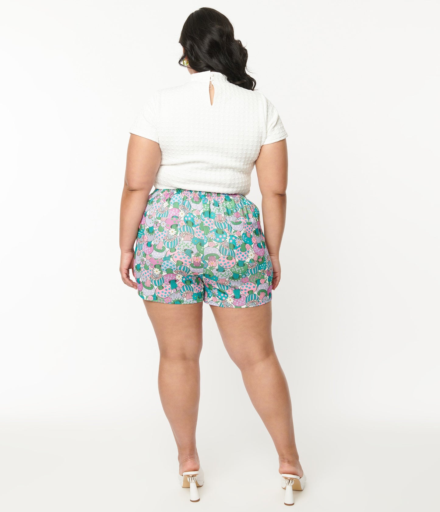 Smak Parlour Plus Size Teal Groovy Mushrooms Shorts - Unique Vintage - Womens, BOTTOMS, SHORTS