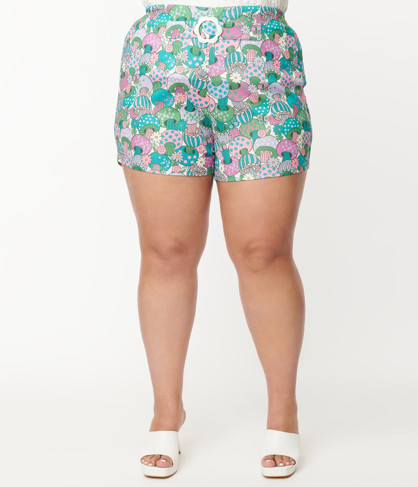 Smak Parlour Plus Size Teal Groovy Mushrooms Shorts - Unique Vintage - Womens, BOTTOMS, SHORTS