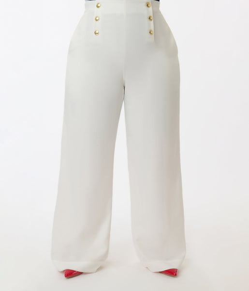 Smak Parlour Plus Size White & Gold Button Wide Leg Sailor