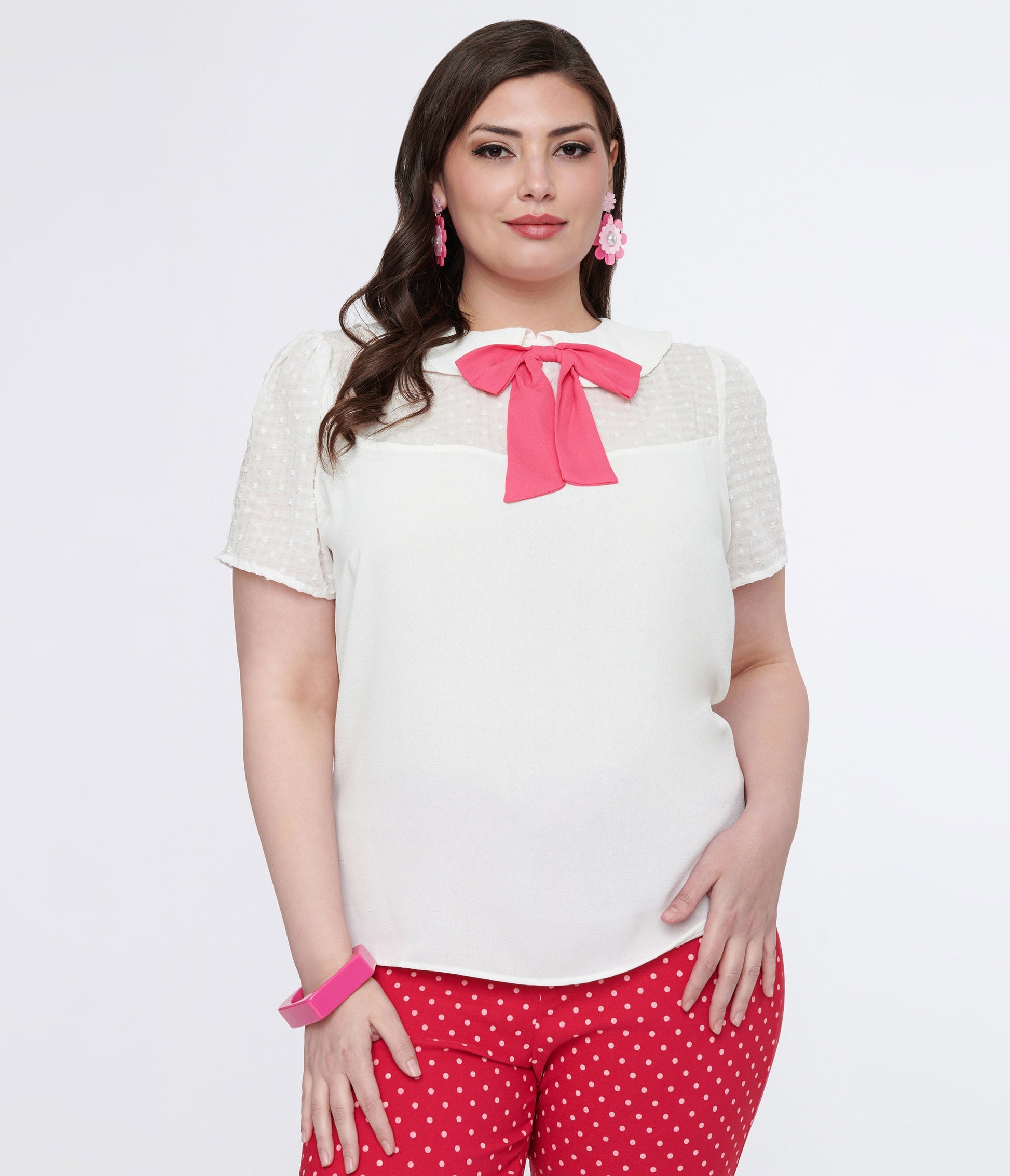 Smak Parlour Plus Size White & Pink Collared Bow Blouse - Unique Vintage - Womens, TOPS, WOVEN TOPS