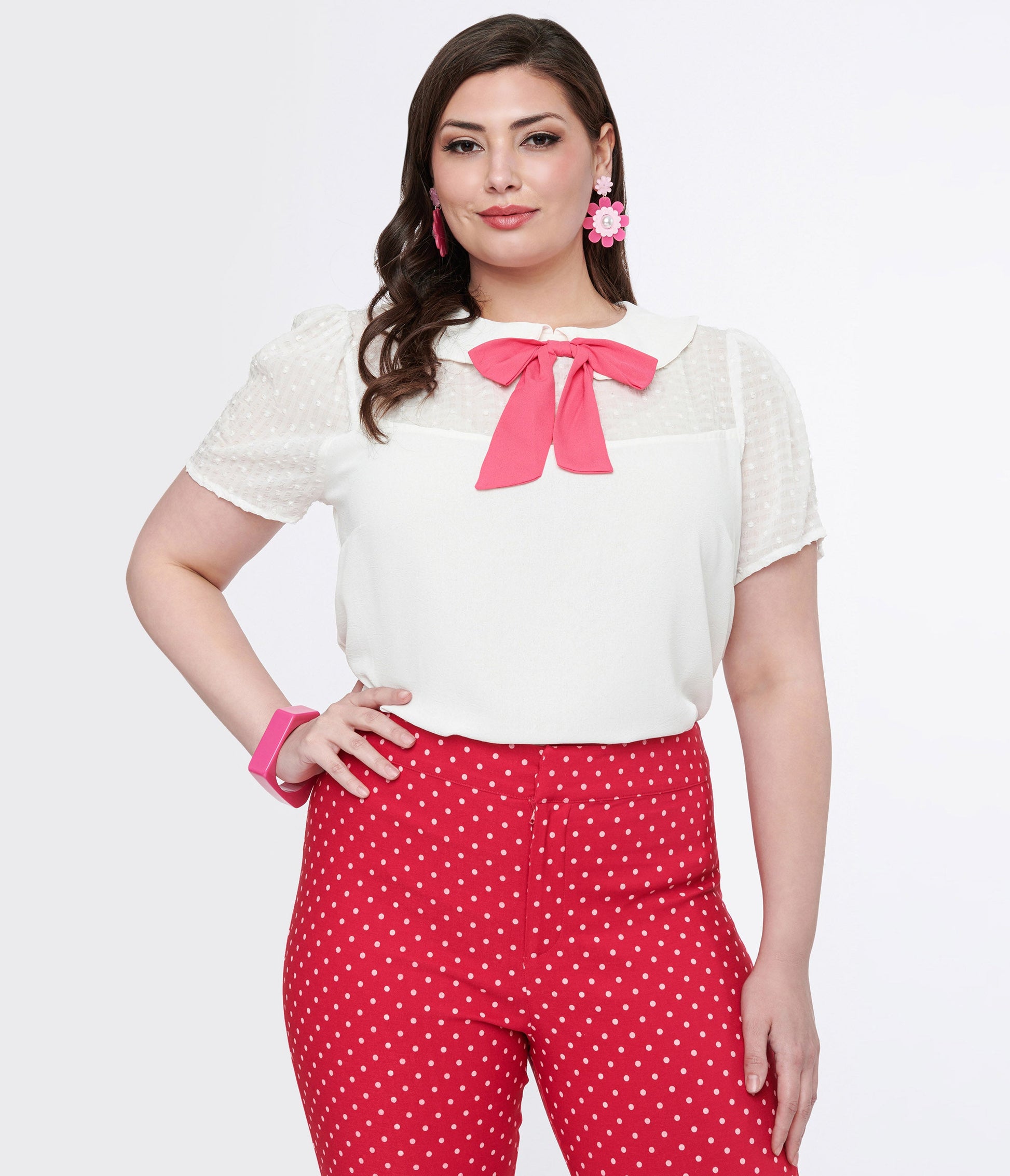 Smak Parlour Plus Size White & Pink Collared Bow Blouse - Unique Vintage - Womens, TOPS, WOVEN TOPS