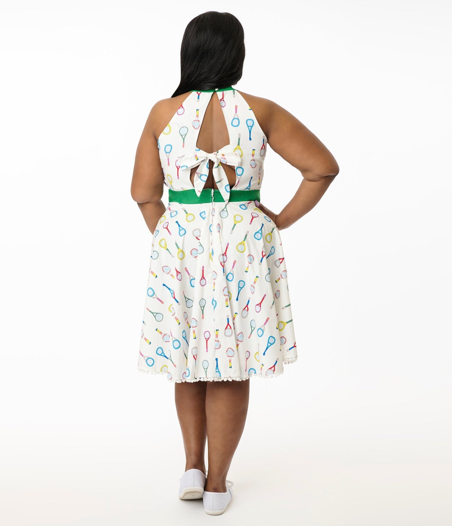 Smak Parlour Plus White Tennis Racket Print Cotton Make Me Over Flare Dress - Unique Vintage - Womens, DRESSES, FIT & FLARE