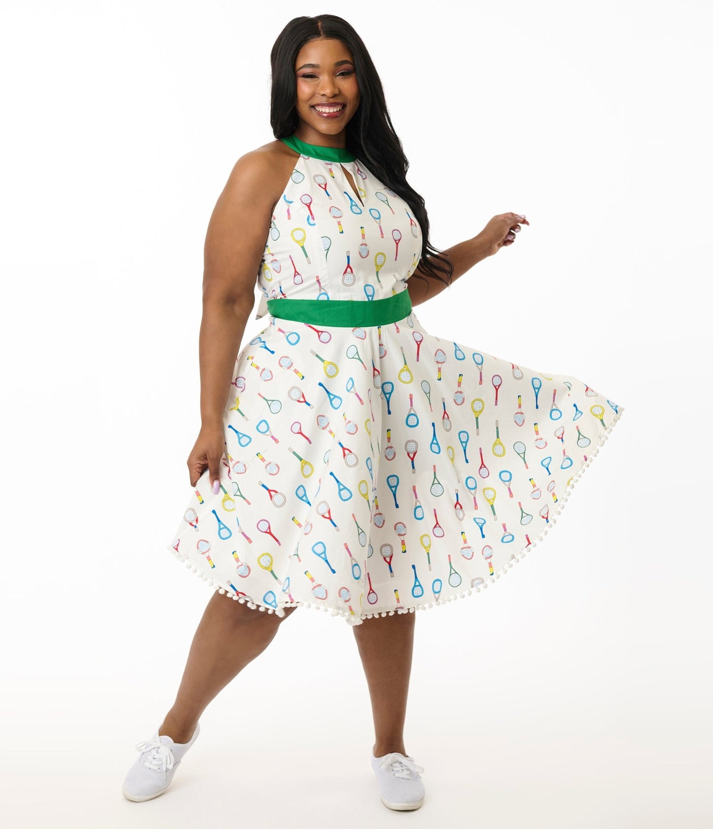 Smak Parlour Plus White Tennis Racket Print Cotton Make Me Over Flare Dress - Unique Vintage - Womens, DRESSES, FIT & FLARE