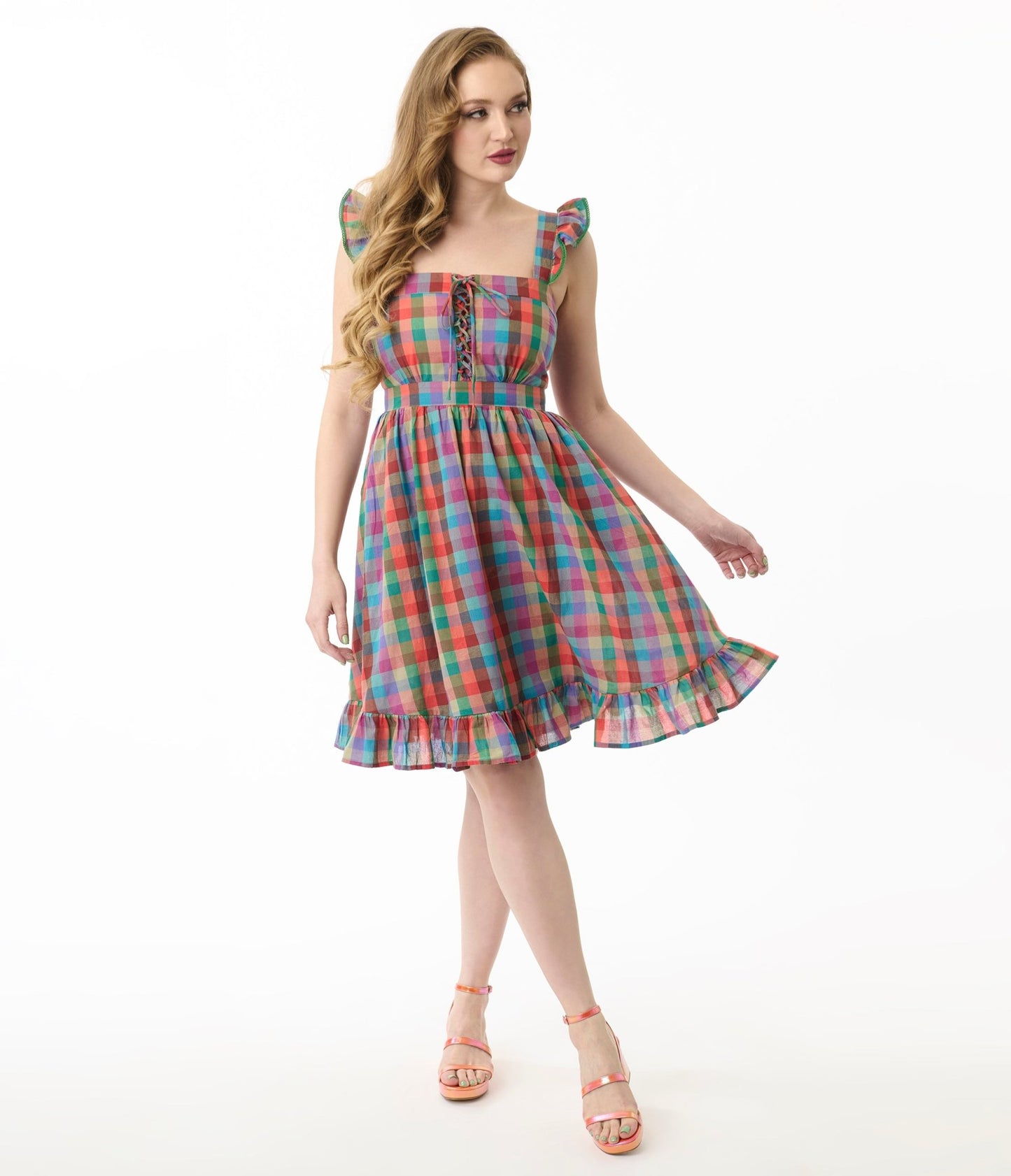 Smak Parlour Rainbow Plaid Corset Fit & Flare Dress - Unique Vintage - Womens, DRESSES, FIT AND FLARE