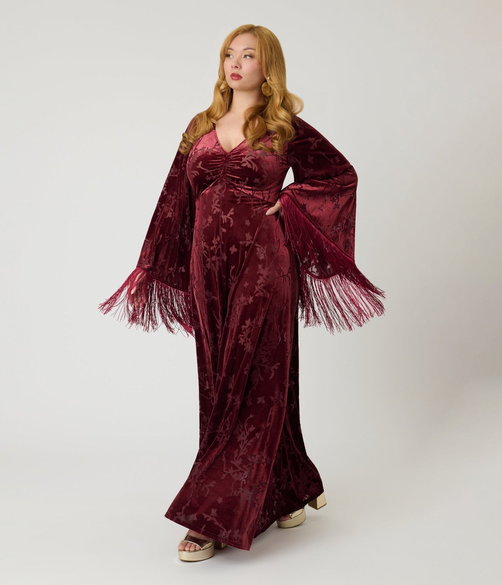 Smak Parlour Raspberry Velvet Burnout Fringe Sleeve Stevie Maxi Dress M/8-10