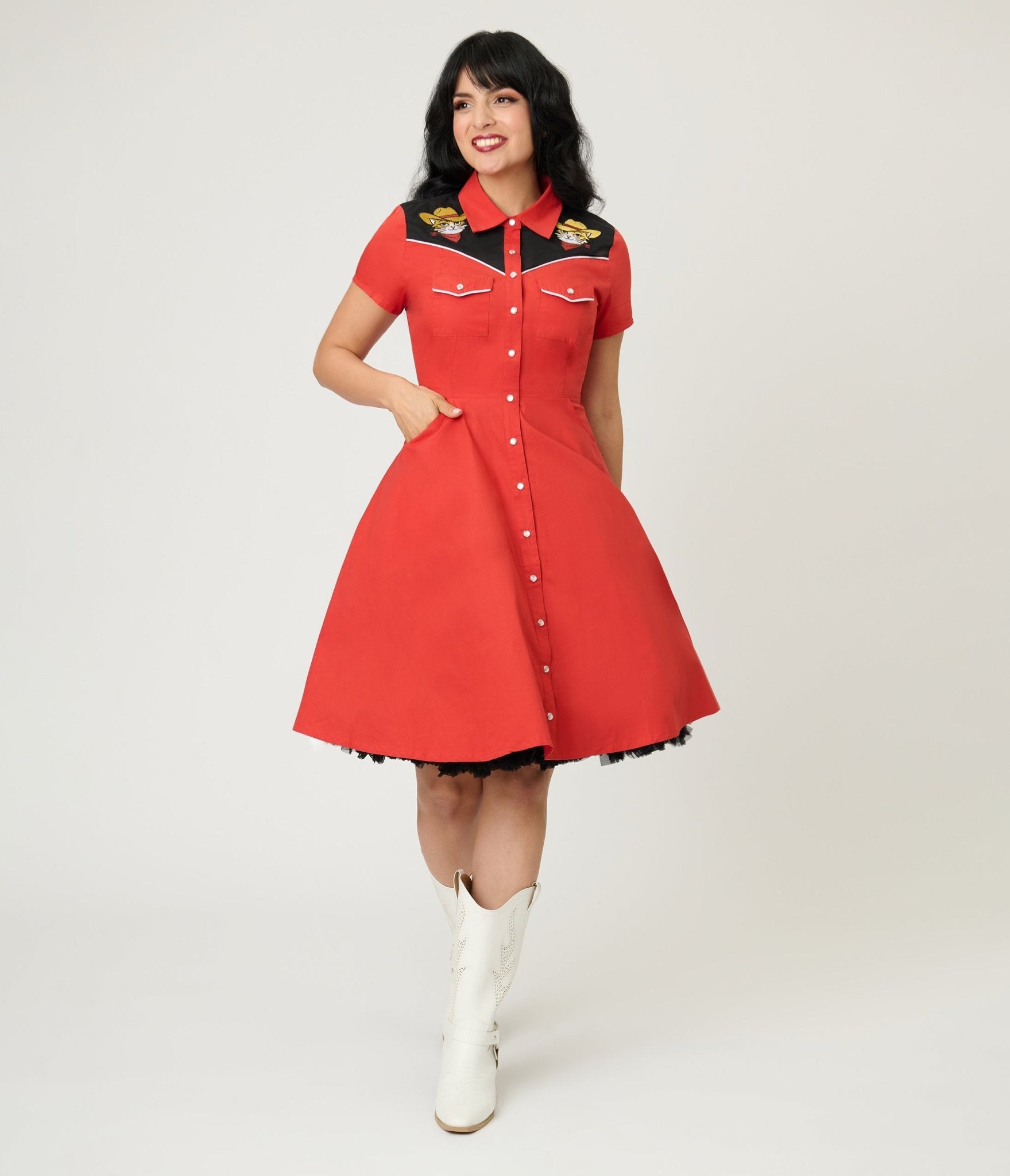 Smak Parlour Red Embroidered Cowboy Cat Western Flare Dress - Unique Vintage - Womens, DRESSES, FIT AND FLARE