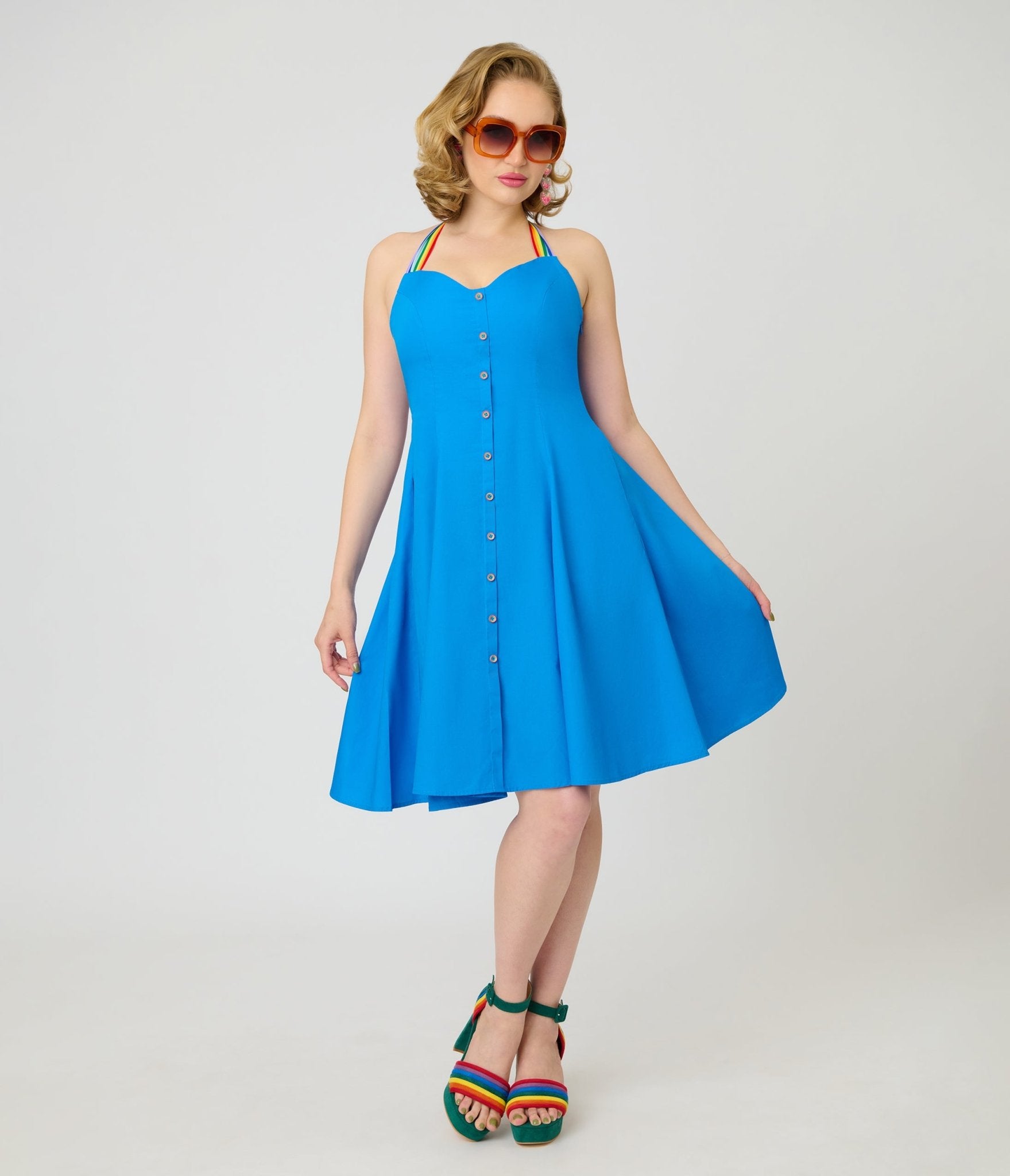 Smak Parlour Royal Blue & Rainbow Sweetheart Halter Flare Dress XS/0-2 Smak Parlour Royal Blue & Rainbow Sweetheart Halter Flare Dress XS/0-2