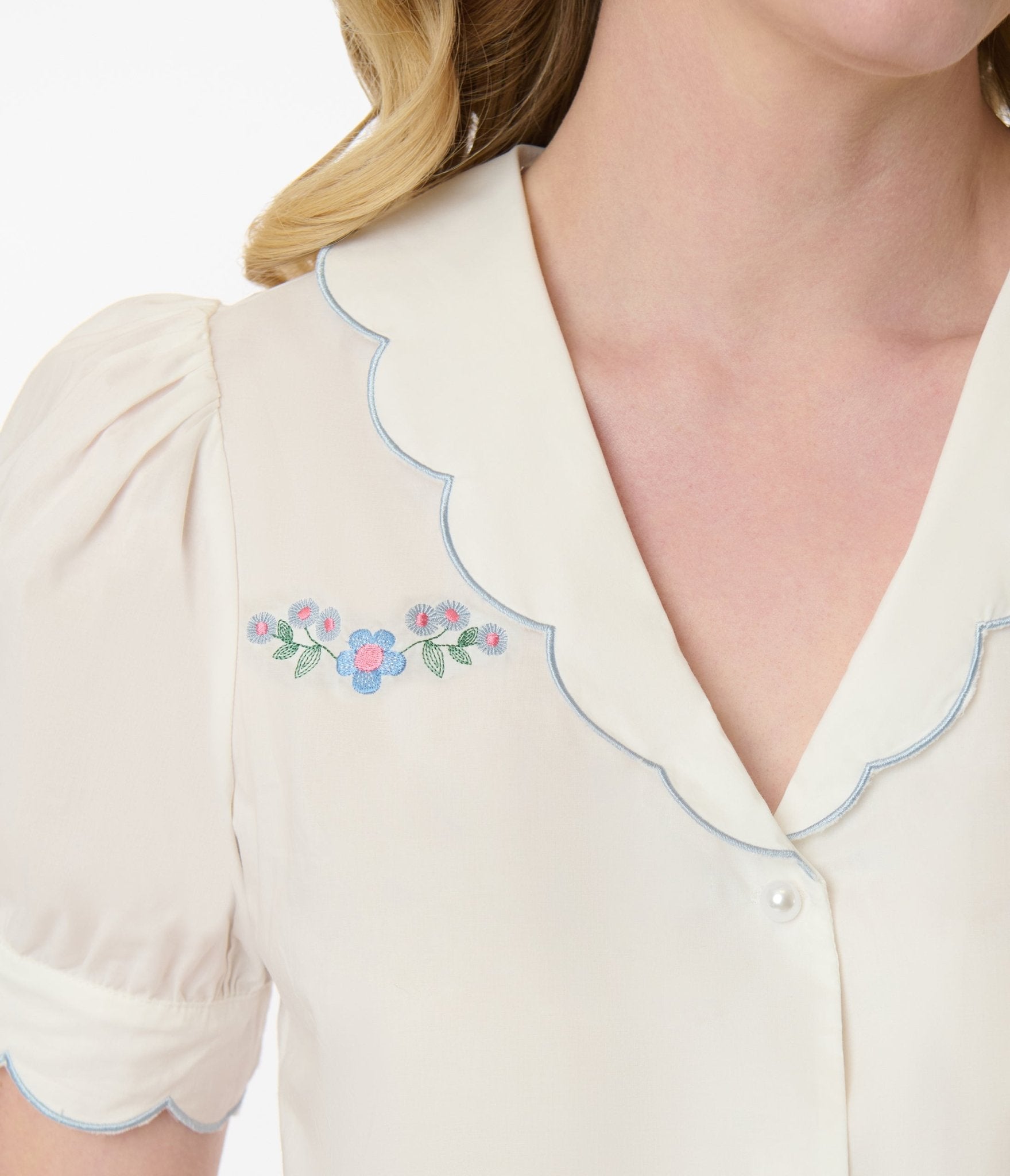 Smak Parlour White & Blue Floral Embroidered Puff Sleeve Top - Unique Vintage - Womens, TOPS, WOVEN TOPS
