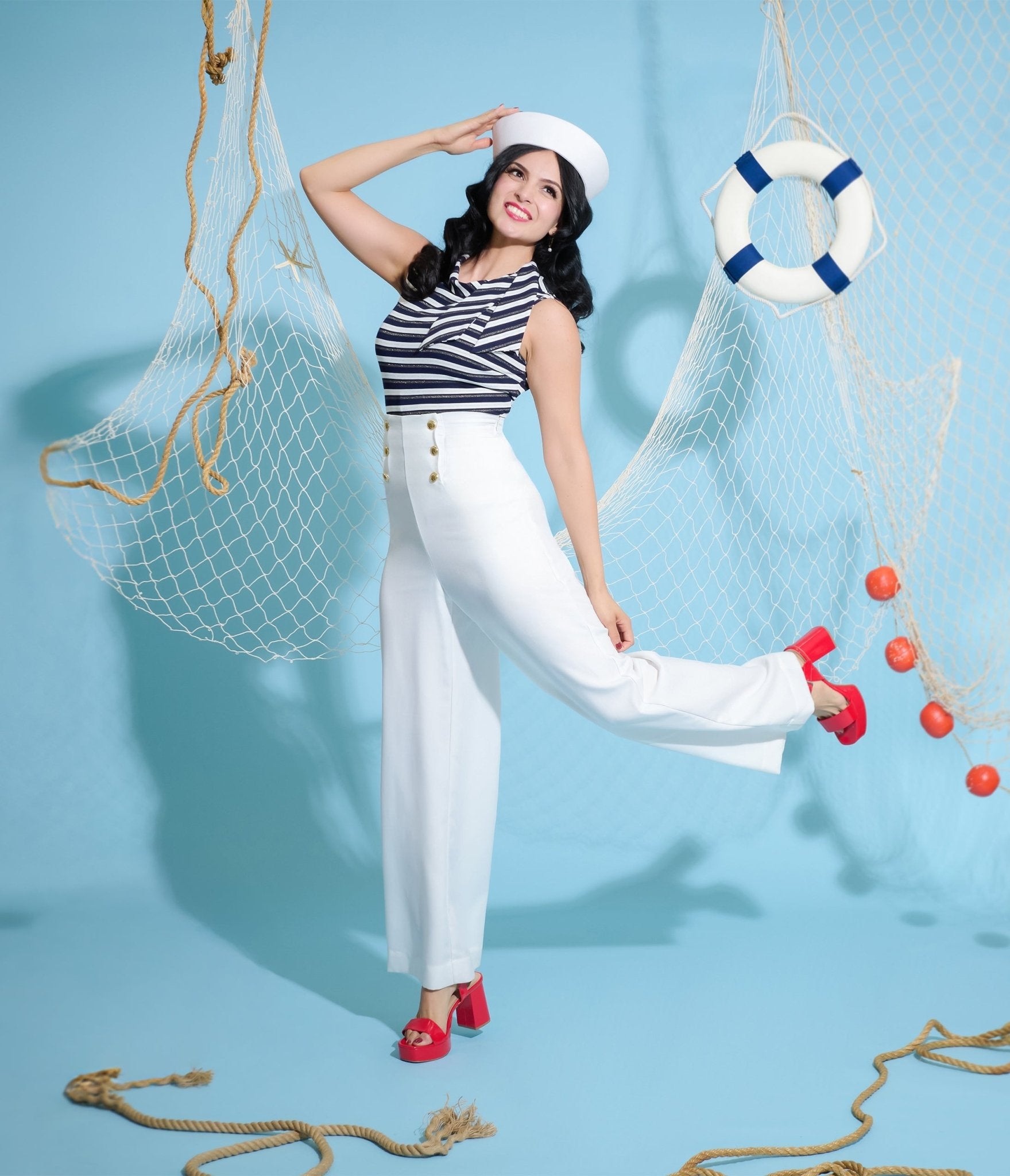 Smak Parlour White & Gold Button Wide Leg Sailor Pants - Unique Vintage - Womens, BOTTOMS, PANTS