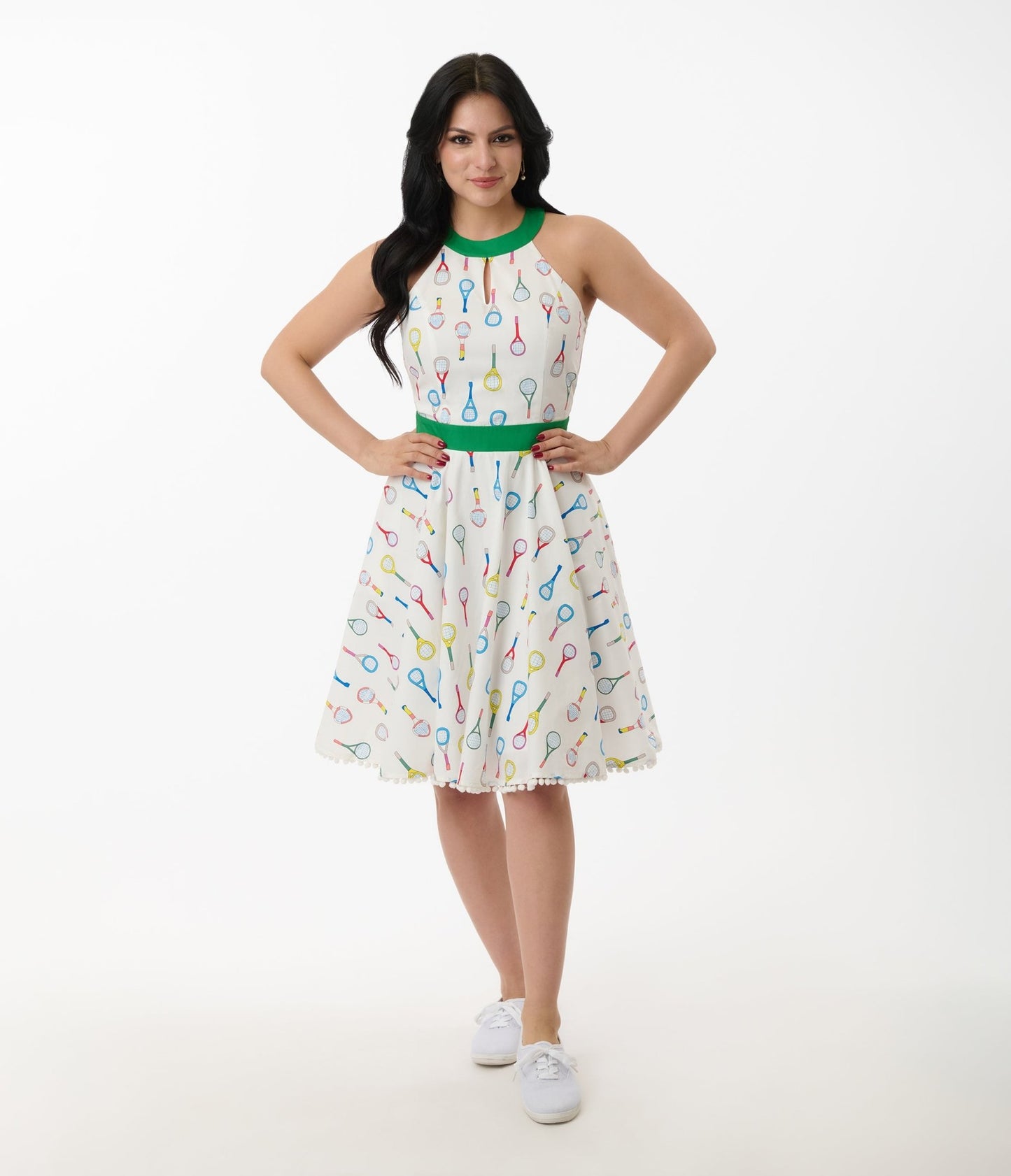Smak Parlour White Tennis Racket Print Cotton Make Me Over Flare Dress - Unique Vintage - Womens, DRESSES, FIT AND FLARE