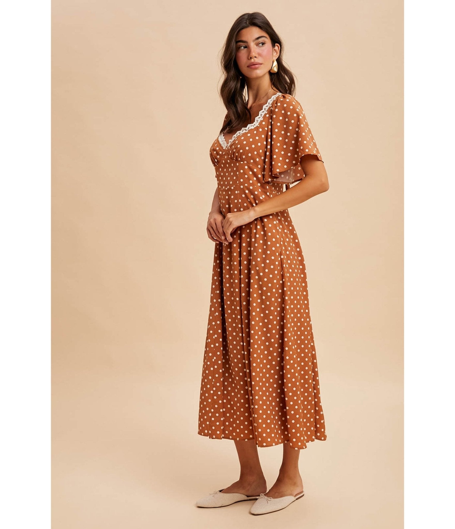Tan Polka Dot Midi Dress - Unique Vintage - Womens, DRESSES, MIDI