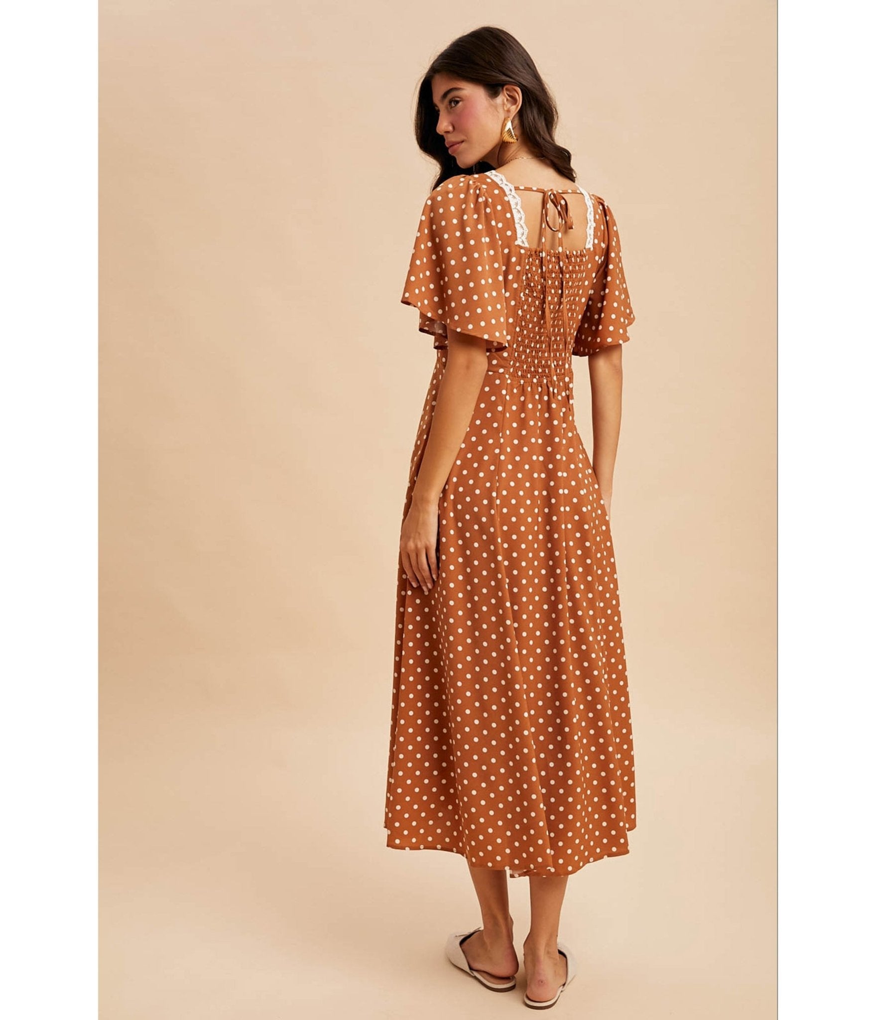 Tan Polka Dot Midi Dress - Unique Vintage - Womens, DRESSES, MIDI