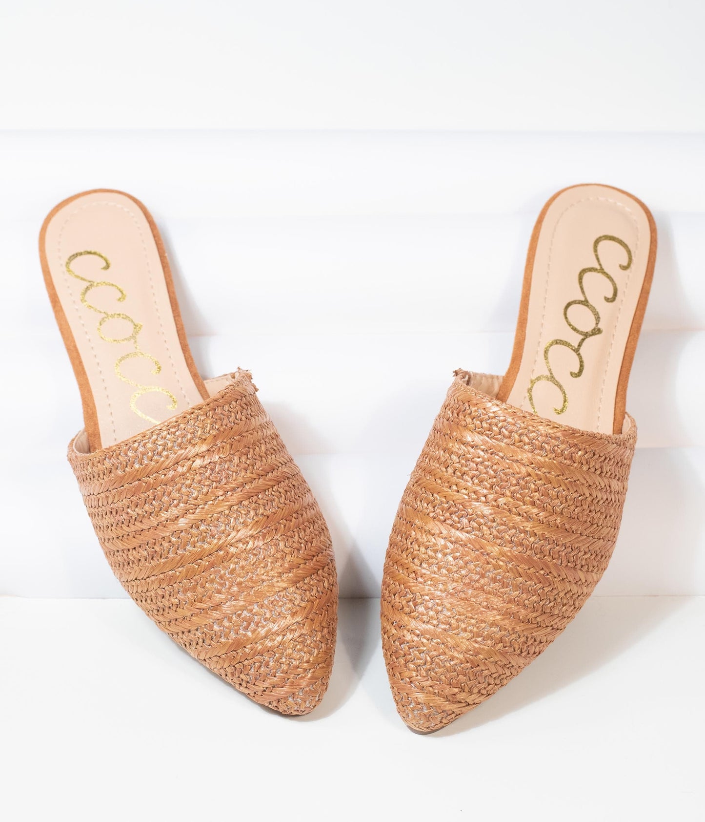 Tan Woven Straw Slip On Mules - Unique Vintage - Womens, SHOES, FLATS