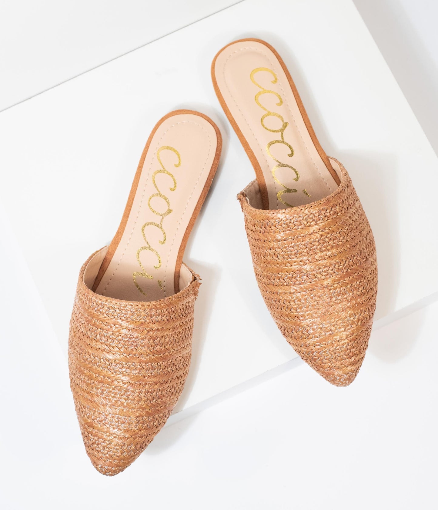 Tan Woven Straw Slip On Mules - Unique Vintage - Womens, SHOES, FLATS